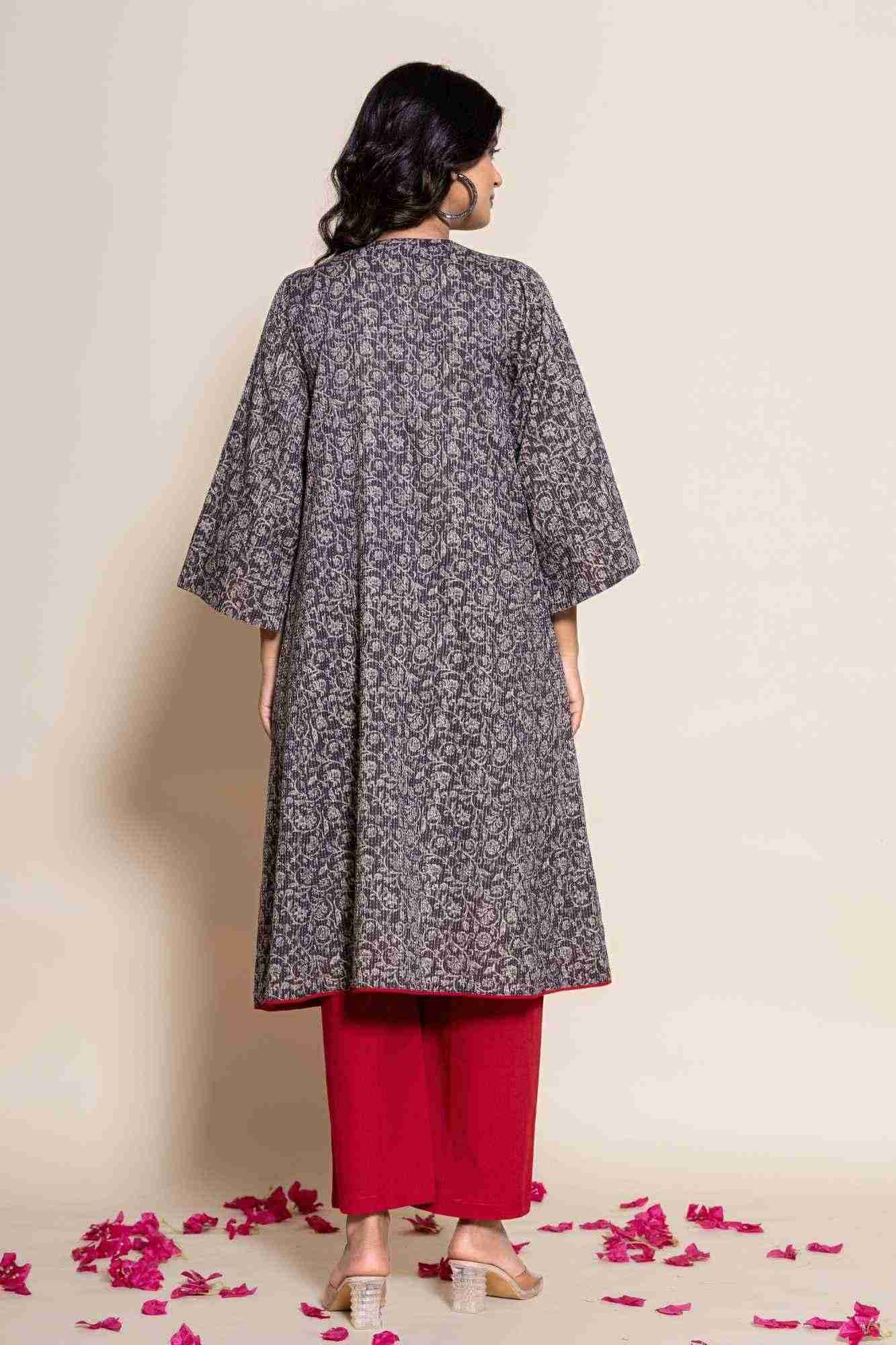 Naksh Grey Katha Printed Kurta And Maroon Pants