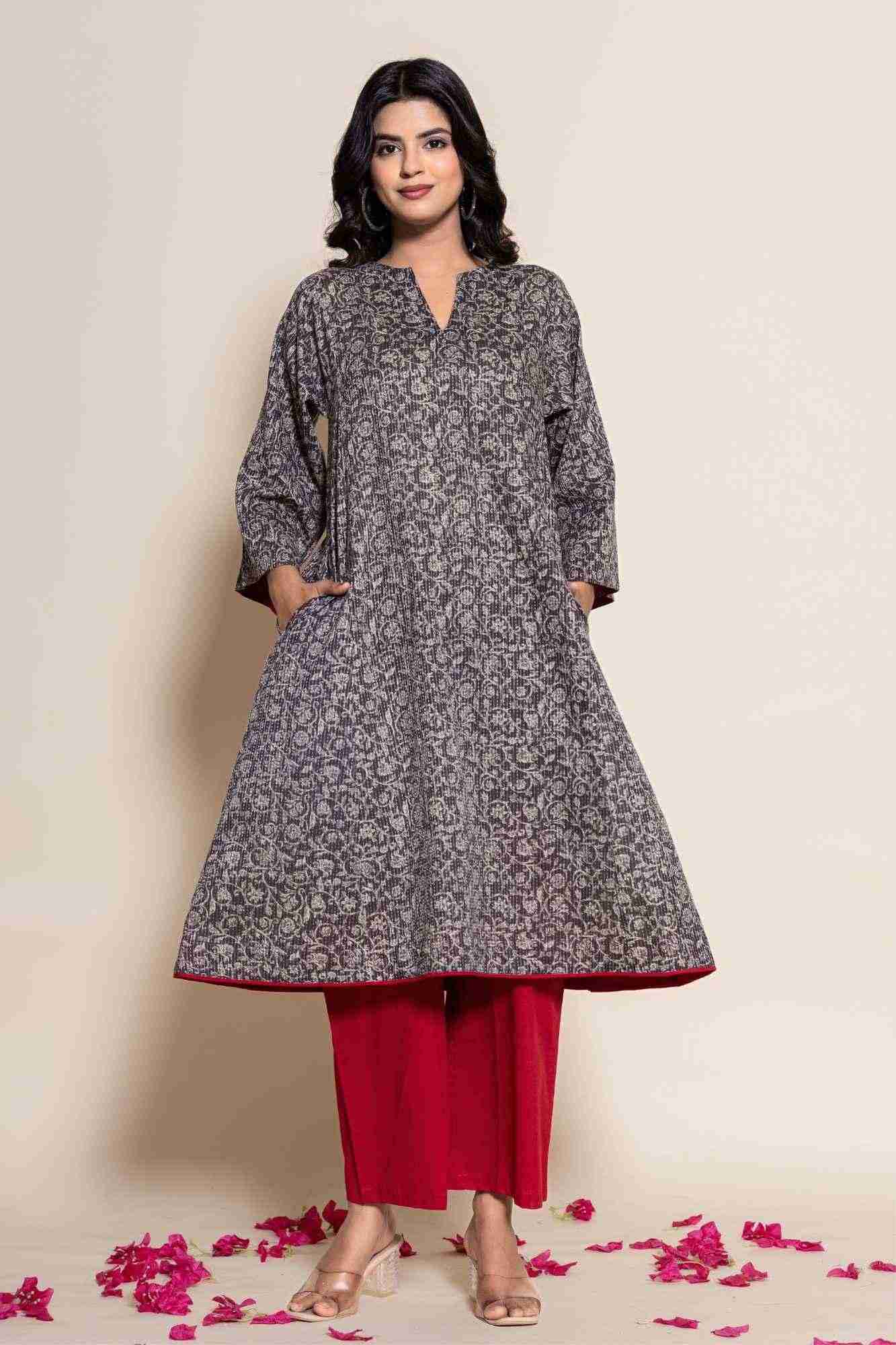 Naksh Grey Katha Printed Kurta And Maroon Pants