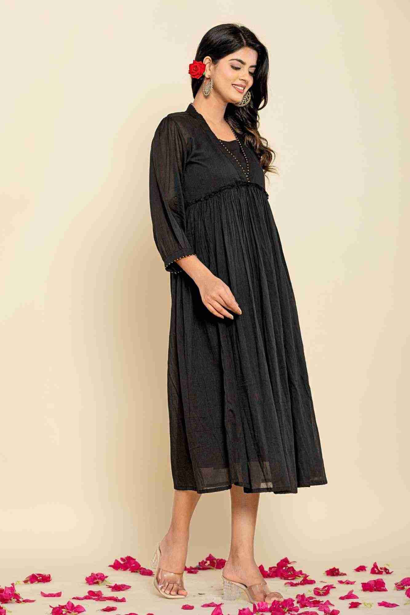 Naksh Black Mulmul Gathered Kurta-Dress
