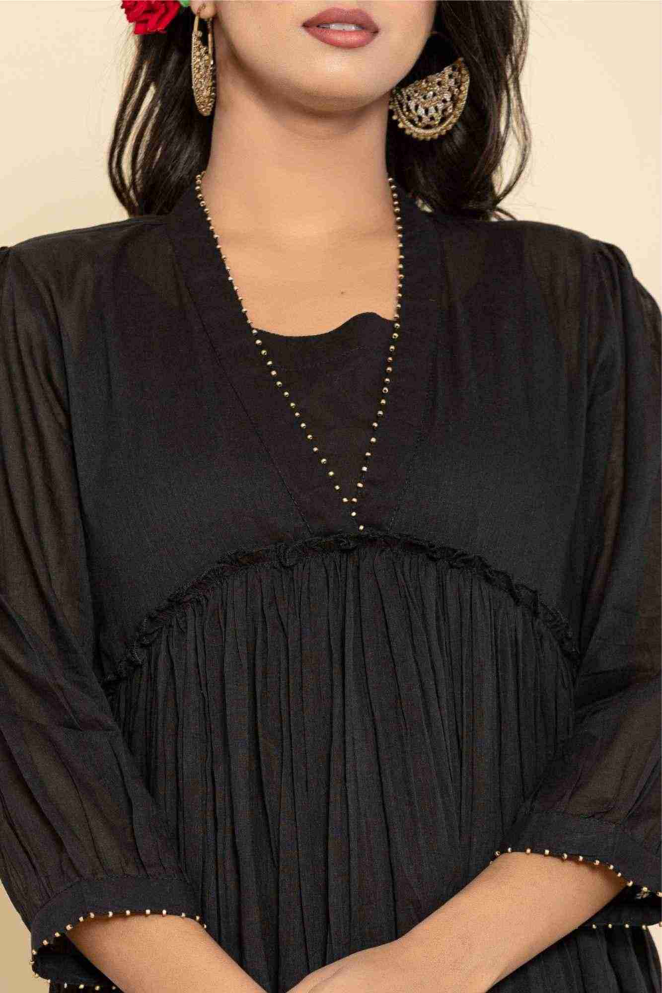 Naksh Black Mulmul Gathered Kurta-Dress