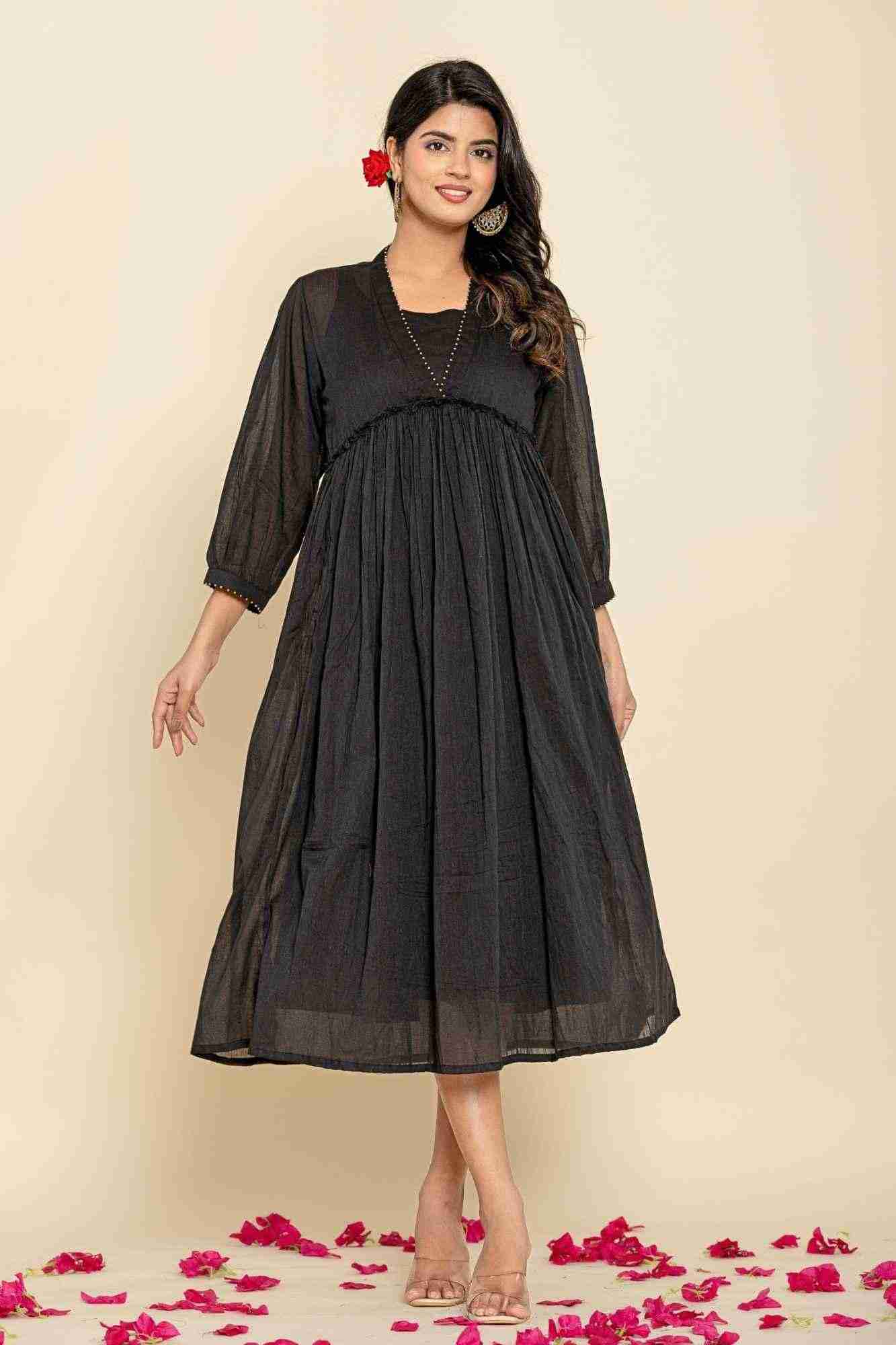 Naksh Black Mulmul Gathered Kurta-Dress