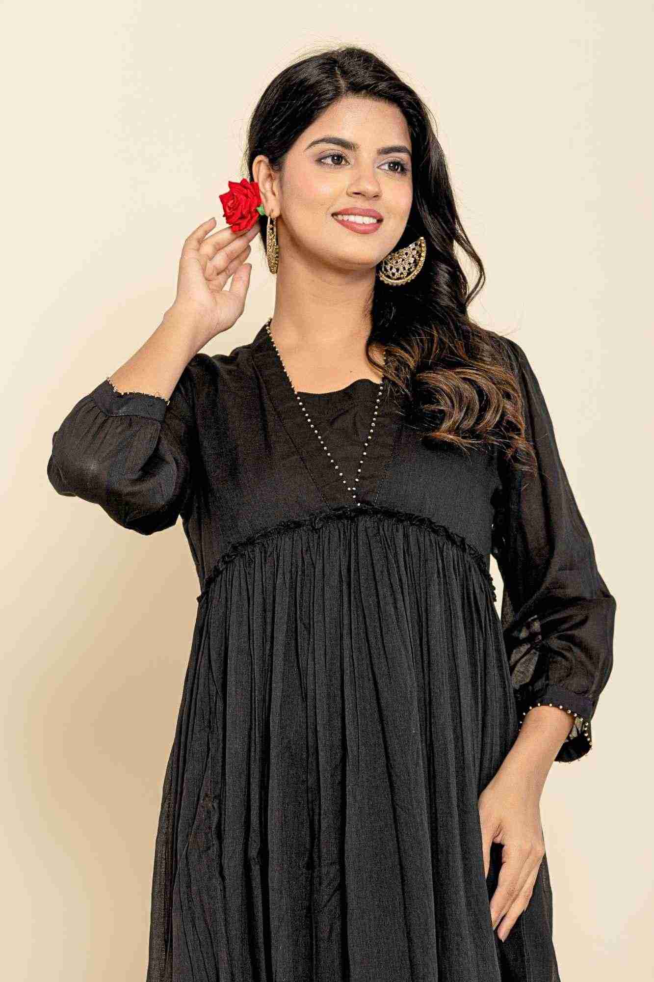 Naksh Black Mulmul Gathered Kurta-Dress