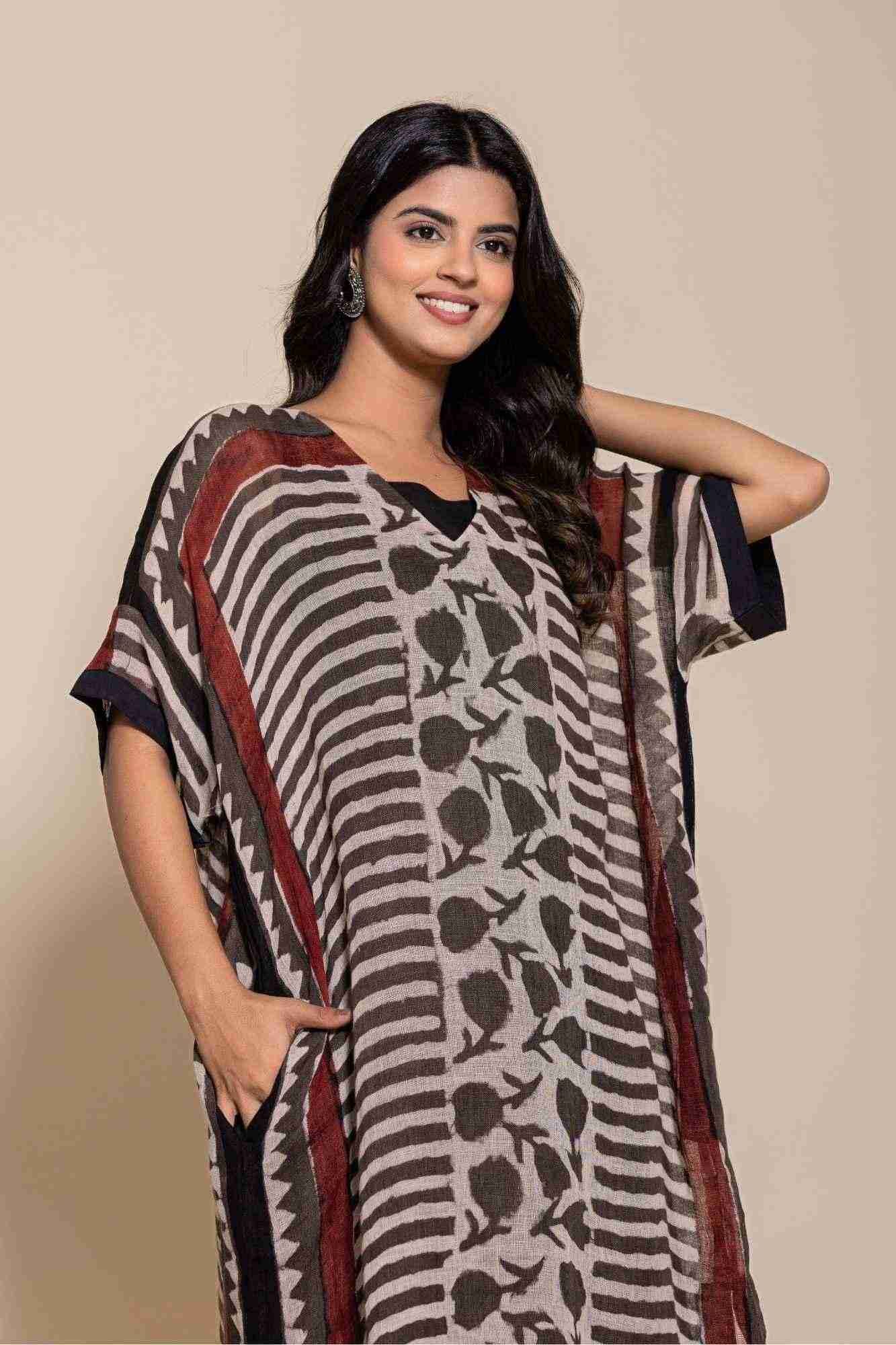 Naksh Pure Linen Free Size Brown Kaftan-Dress With Customizable Inner