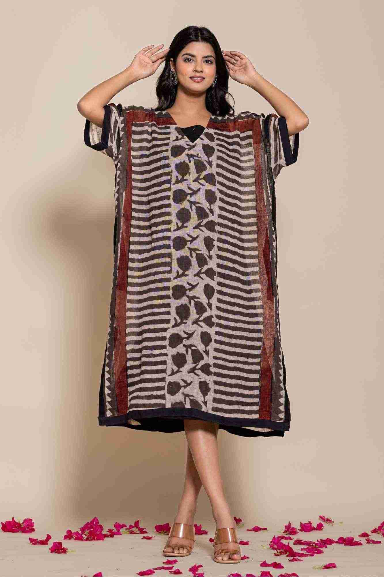 Naksh Pure Linen Free Size Brown Kaftan-Dress With Customizable Inner