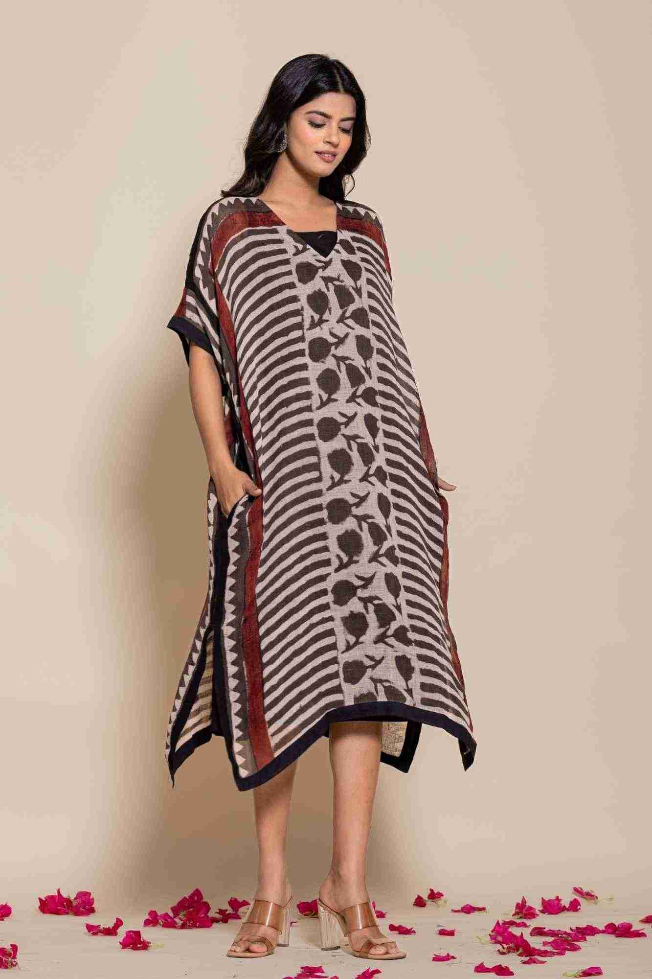 Naksh Pure Linen Free Size Brown Kaftan-Dress With Customizable Inner