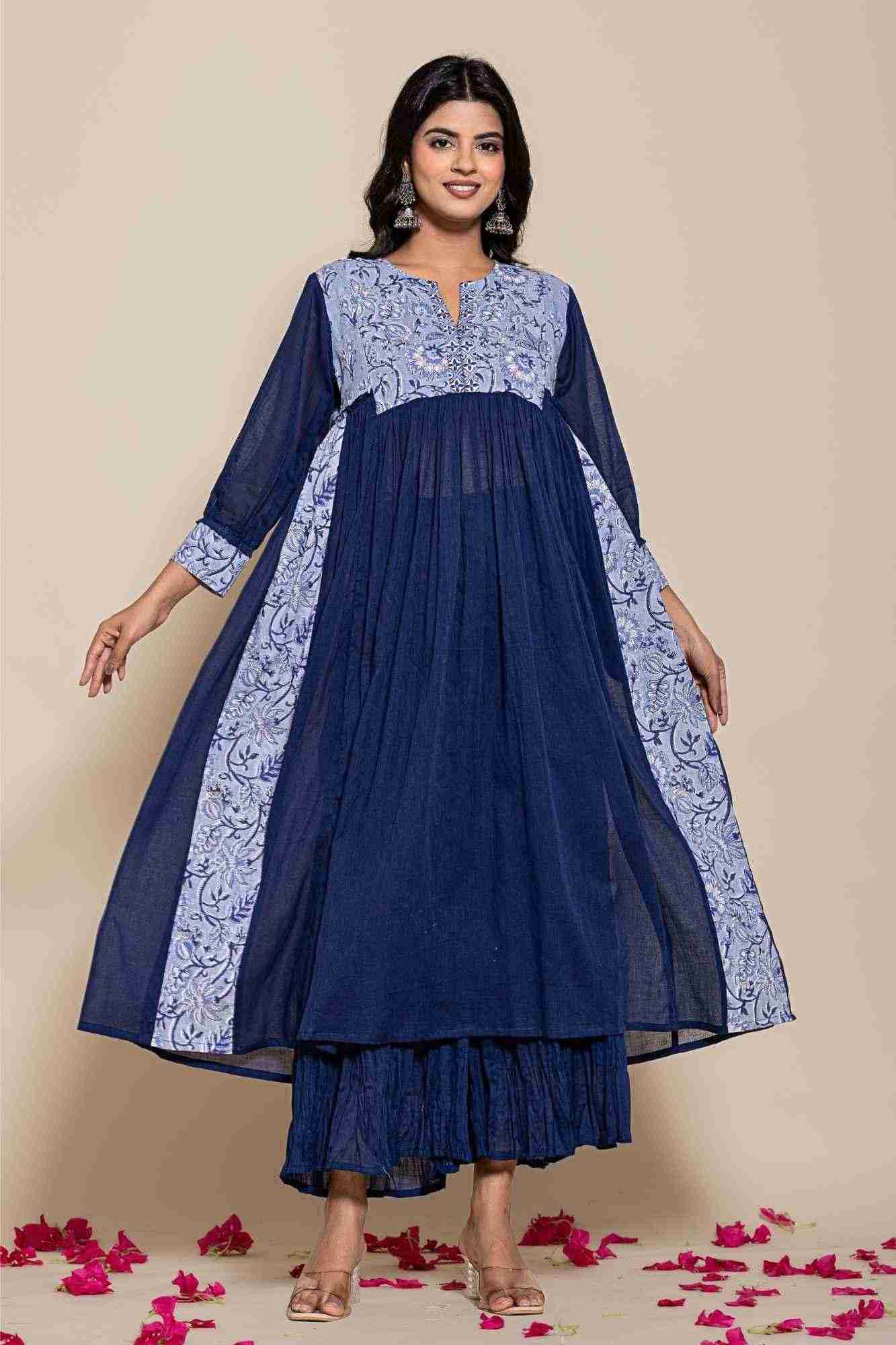 Naksh Blue Cotton Voile Gathered Kurta with Sharara
