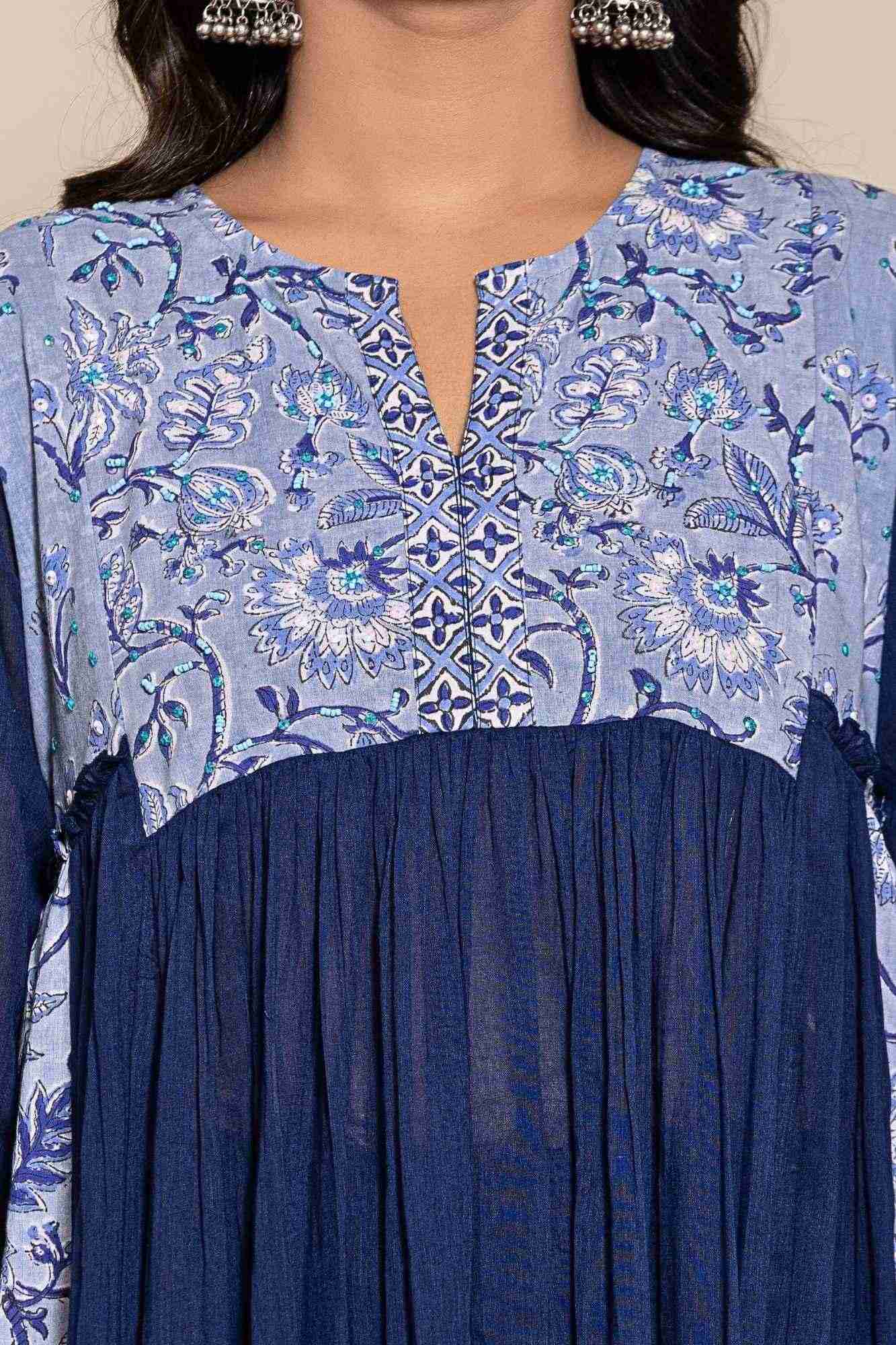 Naksh Blue Cotton Voile Gathered Kurta with Sharara