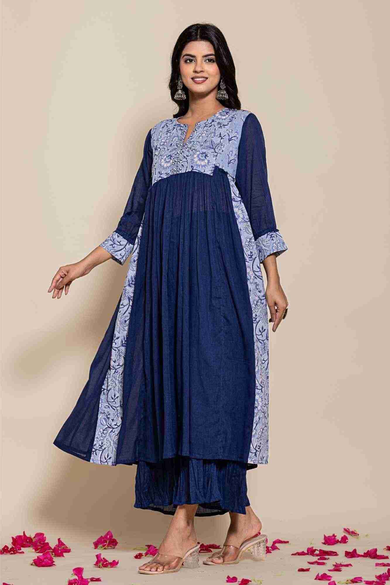 Naksh Blue Cotton Voile Gathered Kurta with Sharara