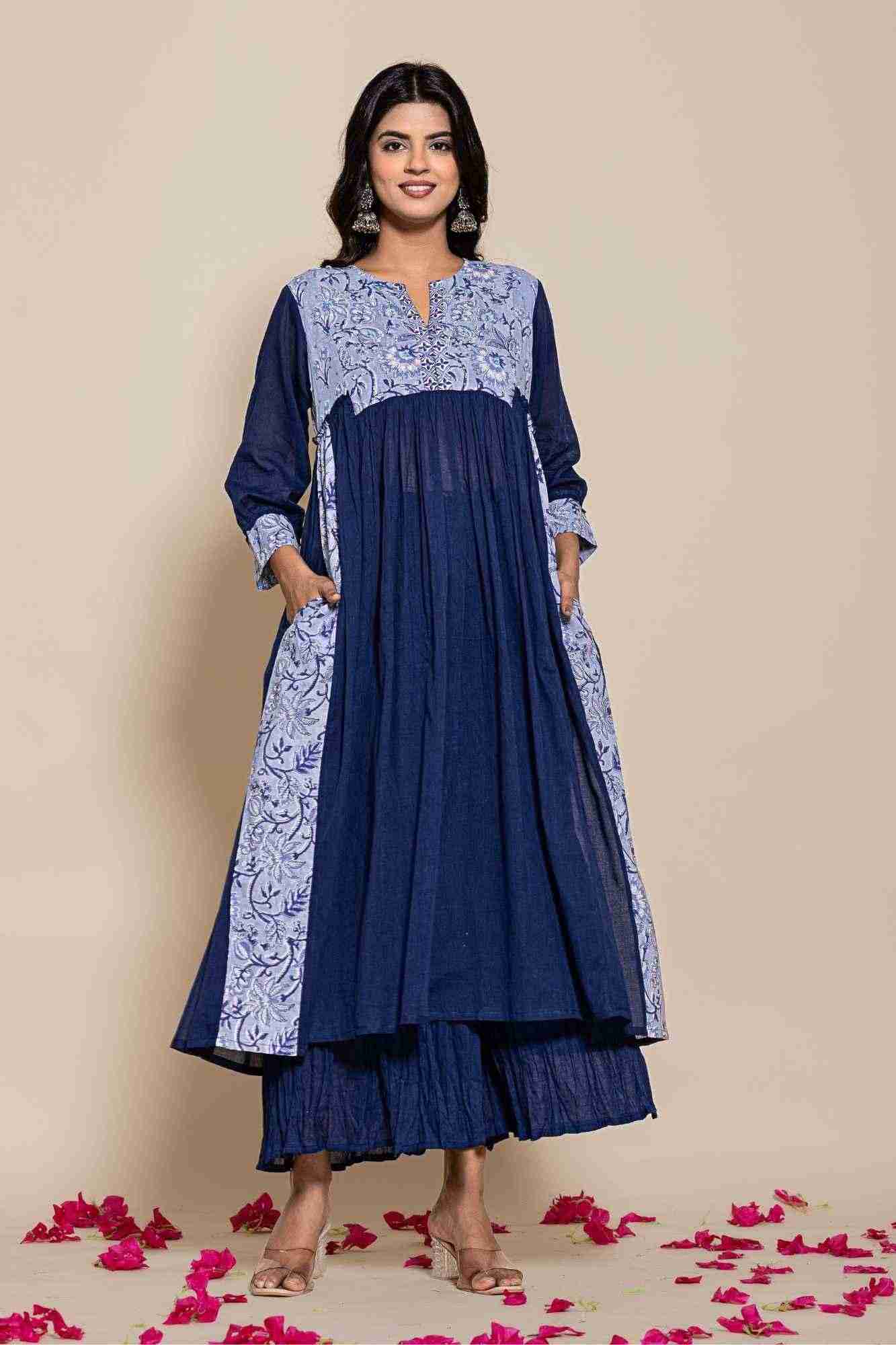 Naksh Blue Cotton Voile Gathered Kurta with Sharara