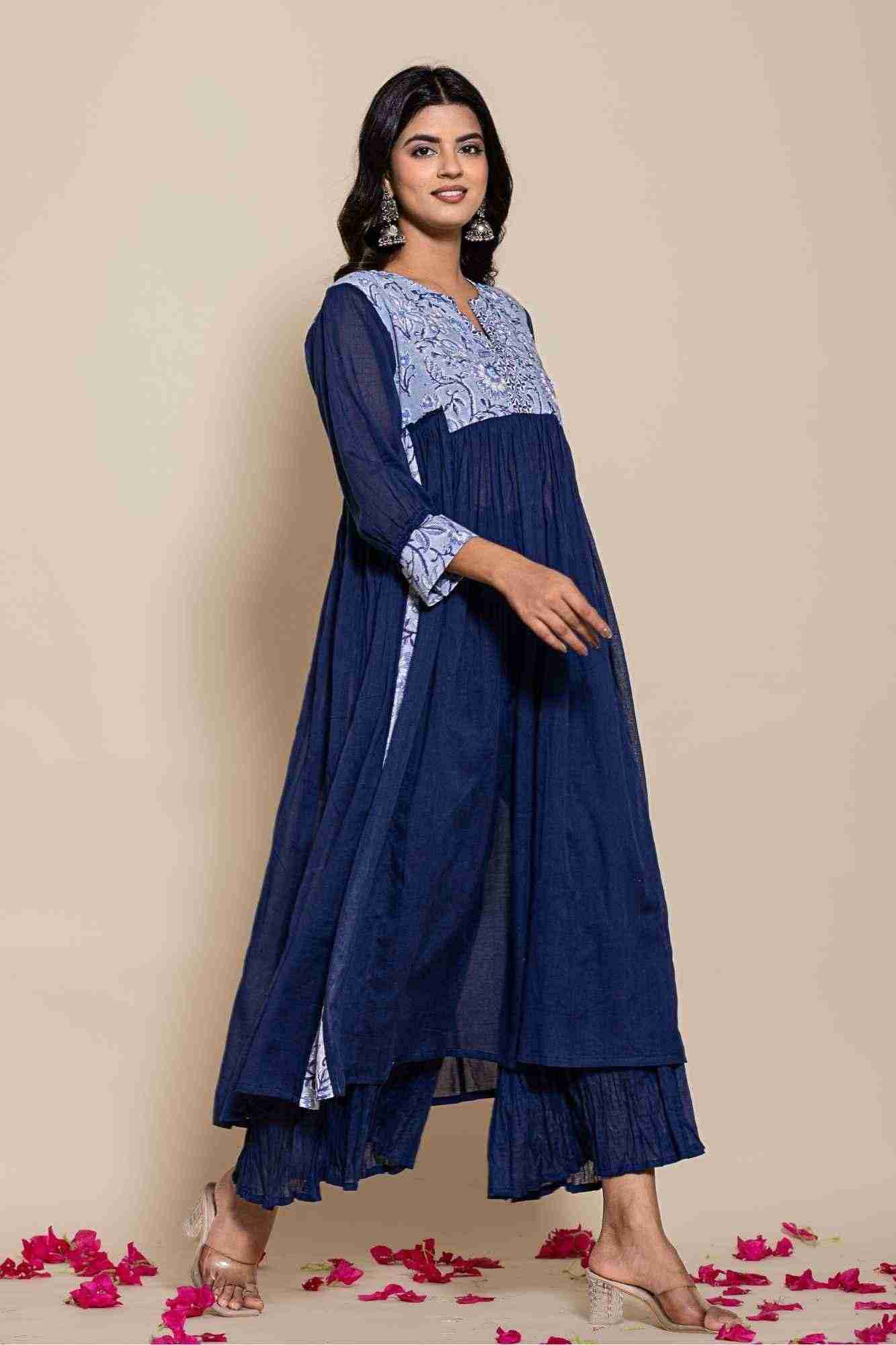 Naksh Blue Cotton Voile Gathered Kurta with Sharara