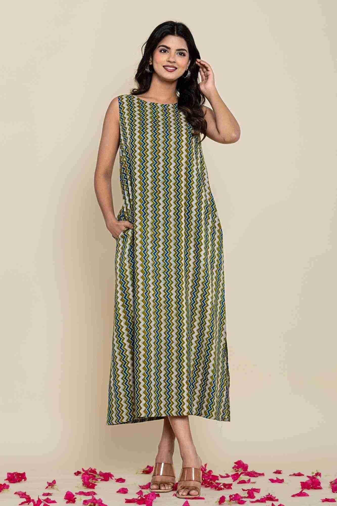 Naksh Green Zigzag Print Cotton Sleevless Kurta-Dress