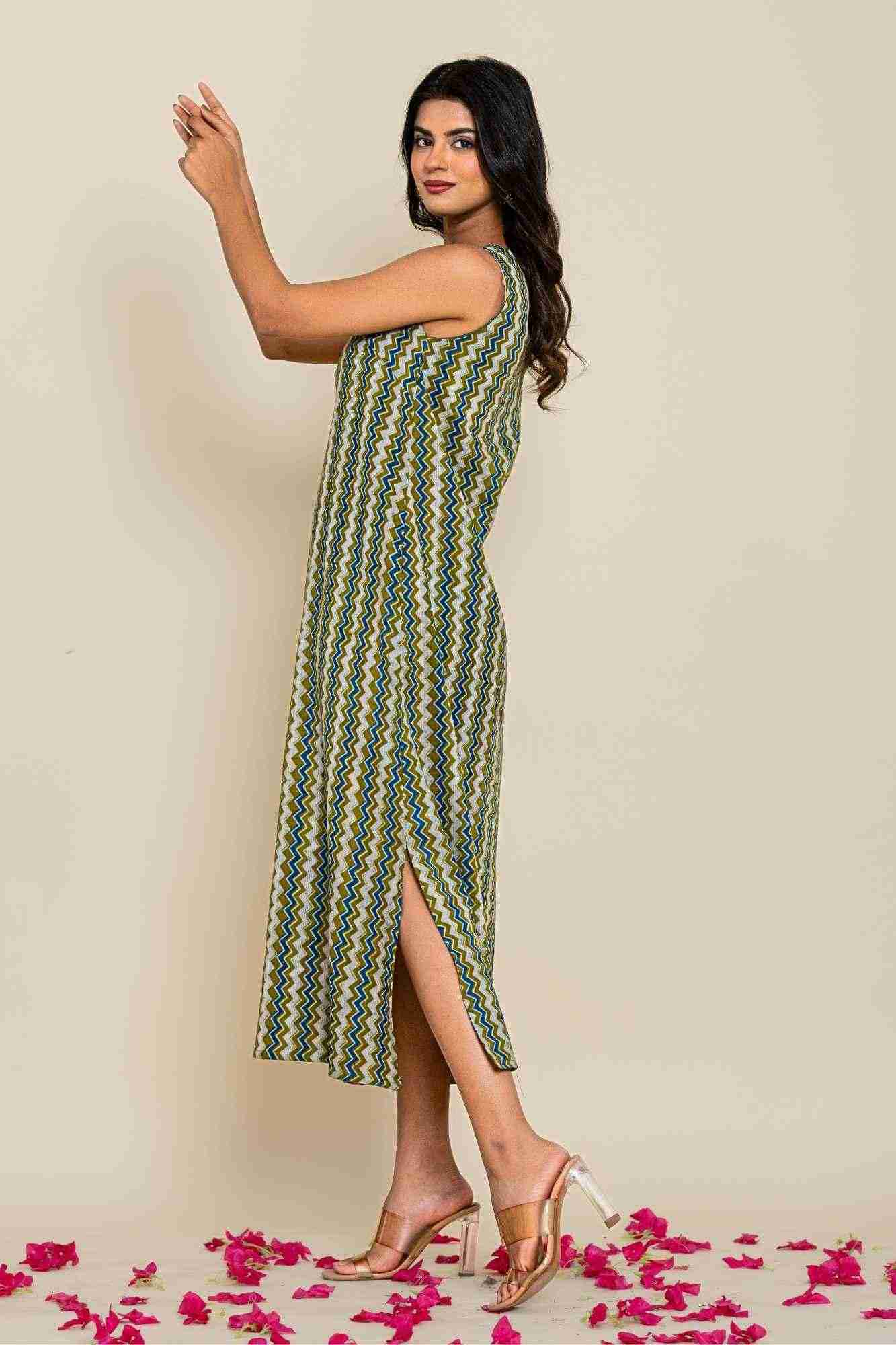 Naksh Green Zigzag Print Cotton Sleevless Kurta-Dress