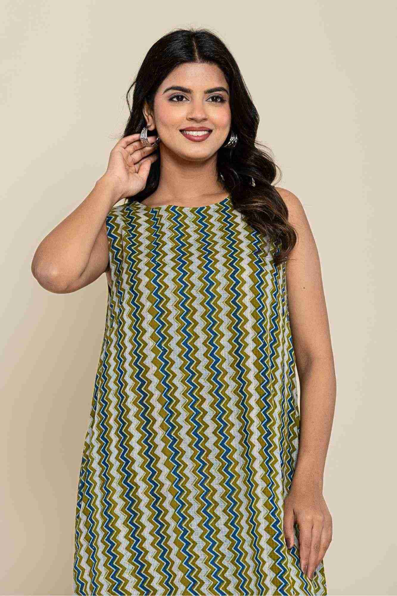 Naksh Green Zigzag Print Cotton Sleevless Kurta-Dress