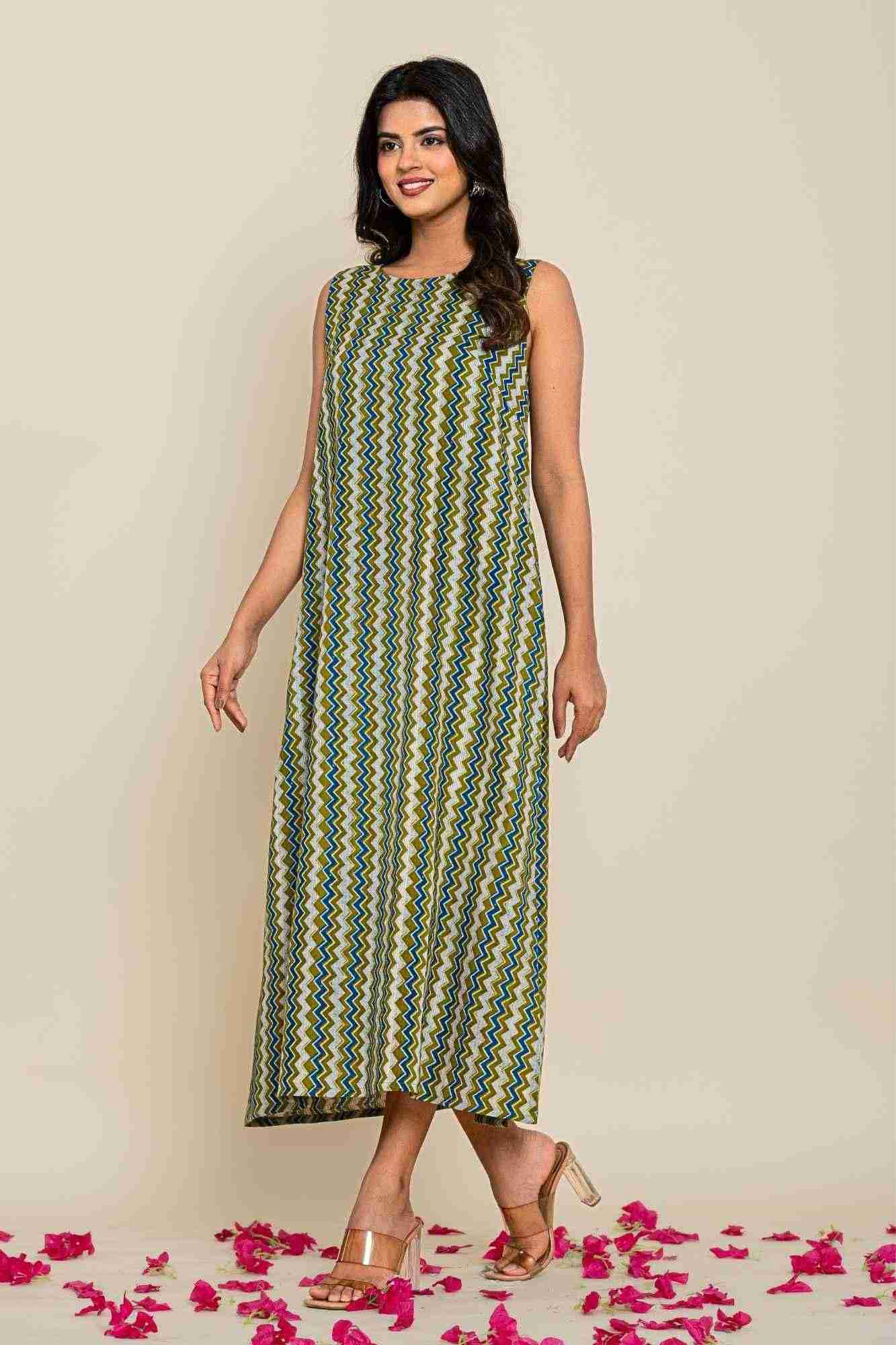 Naksh Green Zigzag Print Cotton Sleevless Kurta-Dress