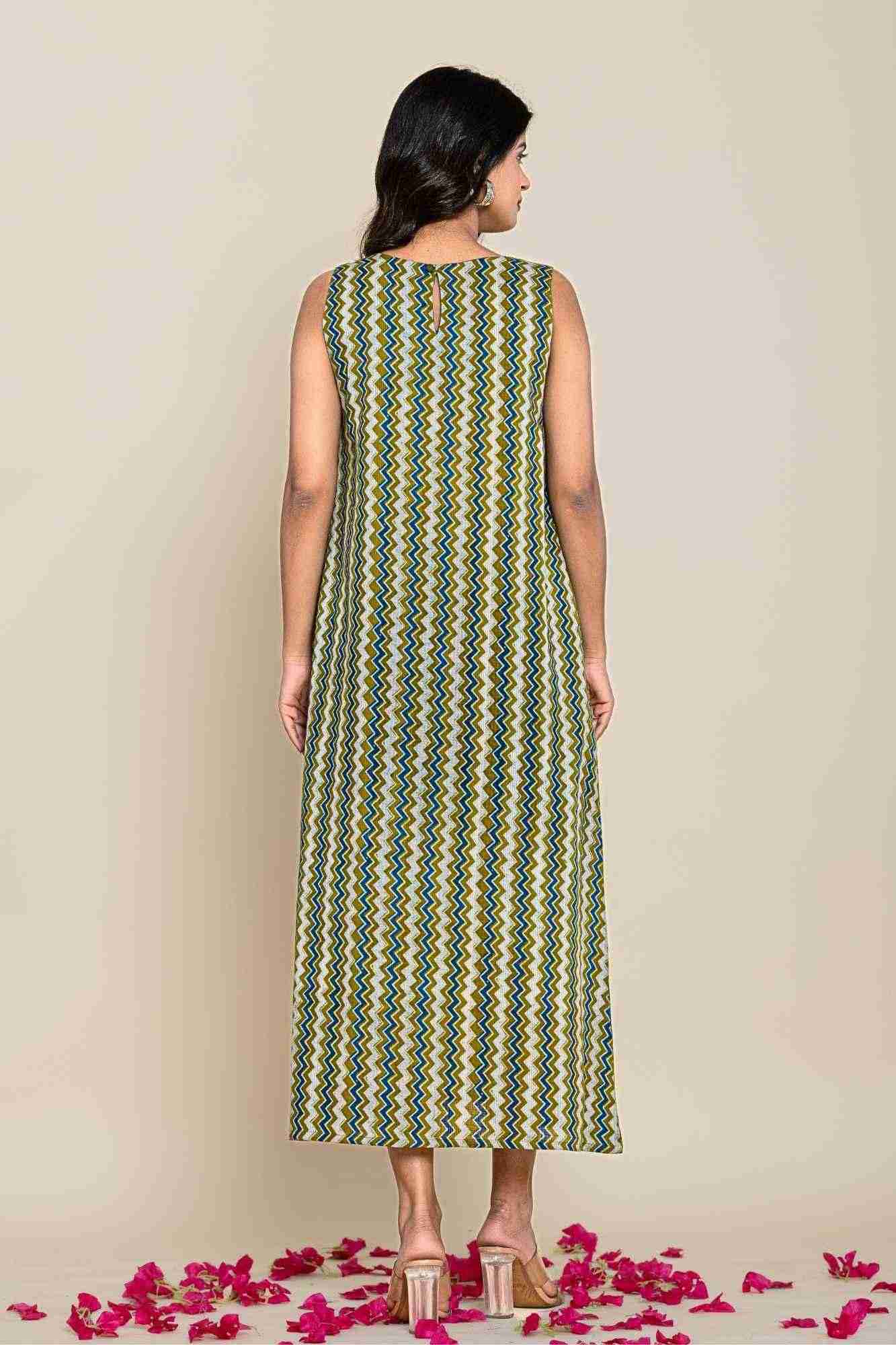Naksh Green Zigzag Print Cotton Sleevless Kurta-Dress