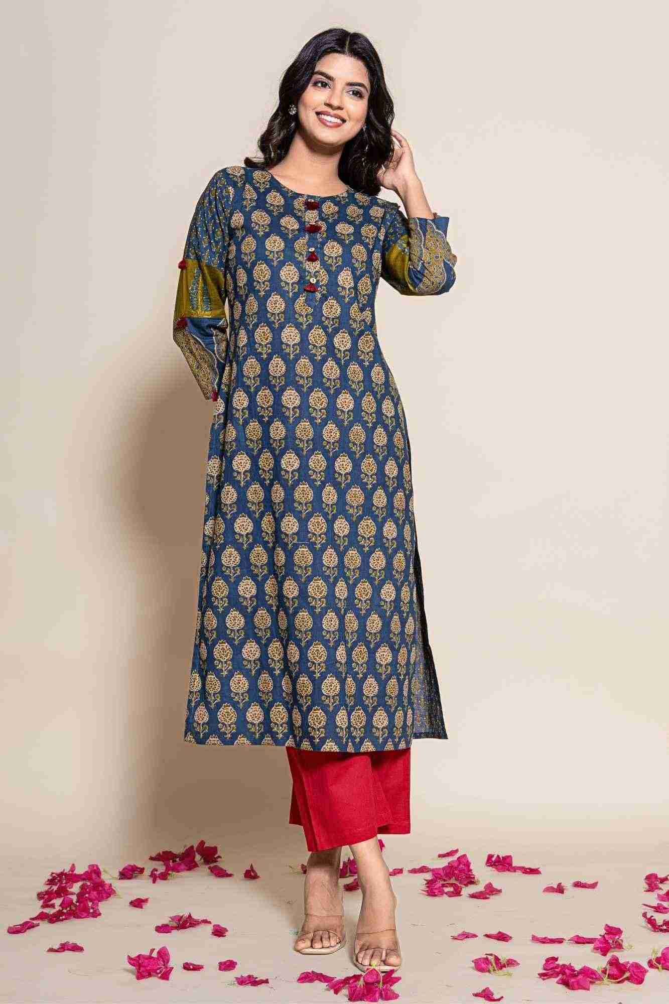 Naksh Blue Cotton Straight Printed Kurta and Maroon Pants