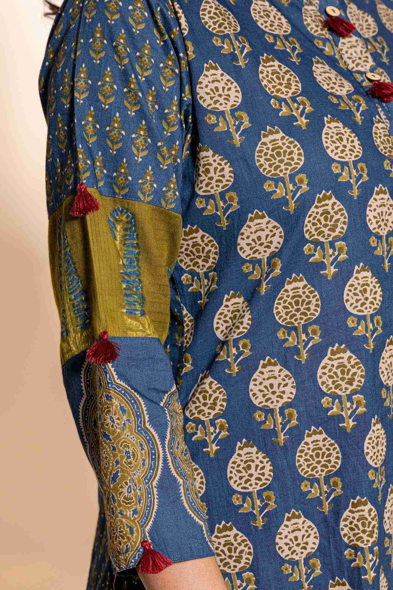 Naksh Blue Cotton Straight Printed Kurta and Maroon Pants