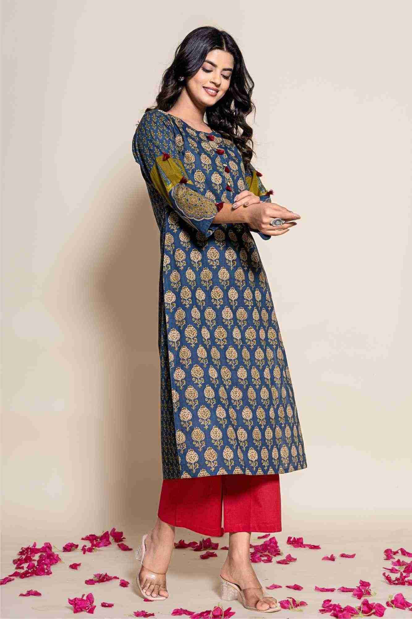Naksh Blue Cotton Straight Printed Kurta and Maroon Pants