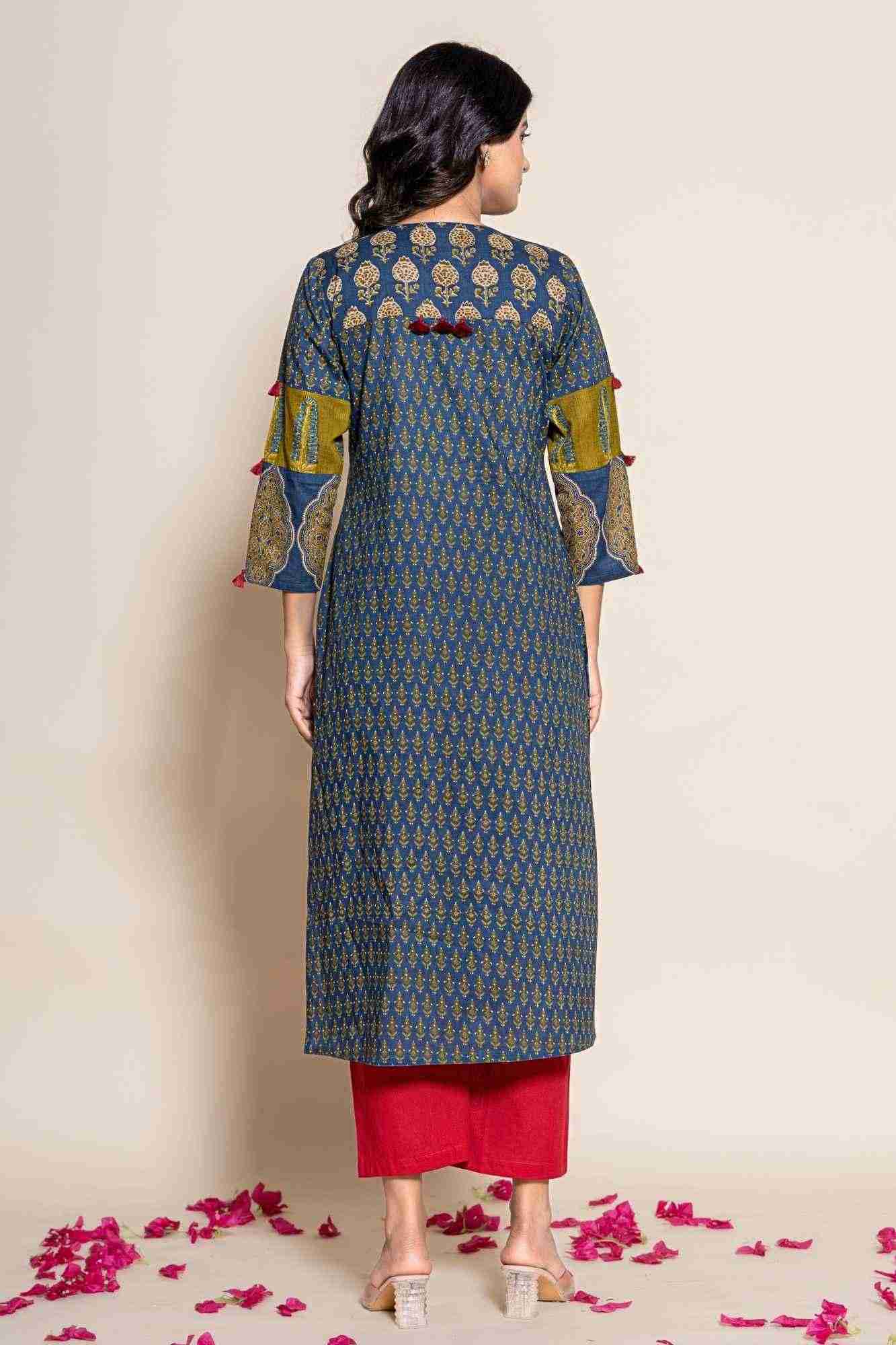 Naksh Blue Cotton Straight Printed Kurta and Maroon Pants