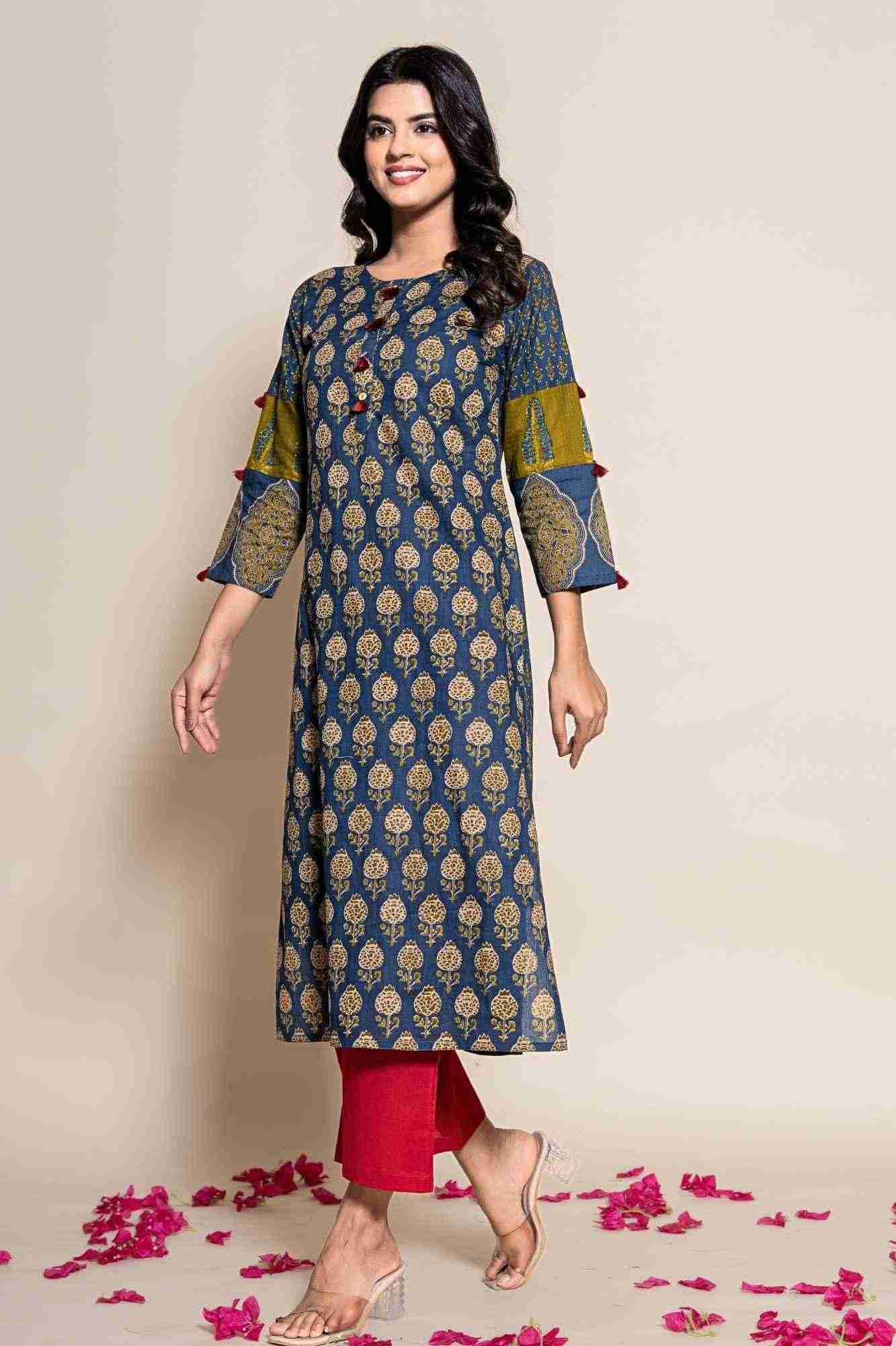 Naksh Blue Cotton Straight Printed Kurta and Maroon Pants