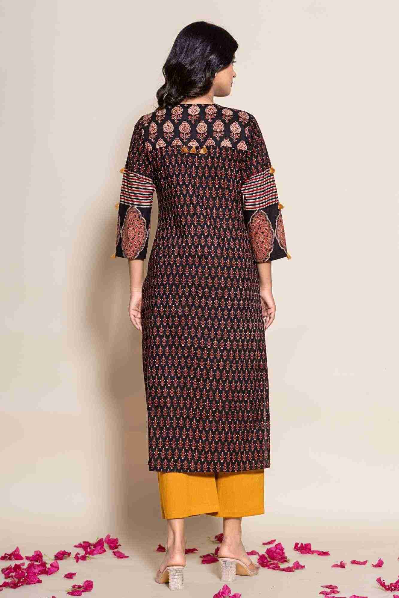 Naksh Black Cotton Straight Printed Kurta and Yellow Pants