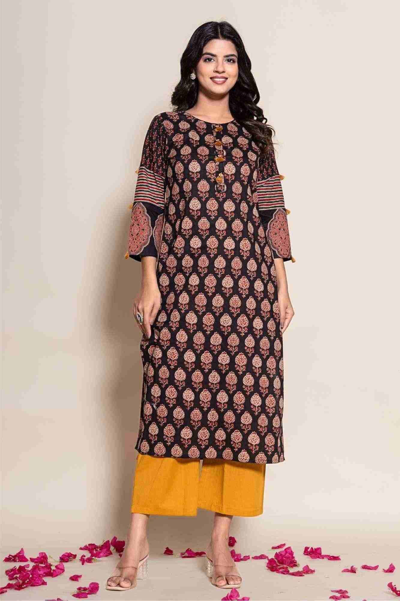 Naksh Black Cotton Straight Printed Kurta and Yellow Pants
