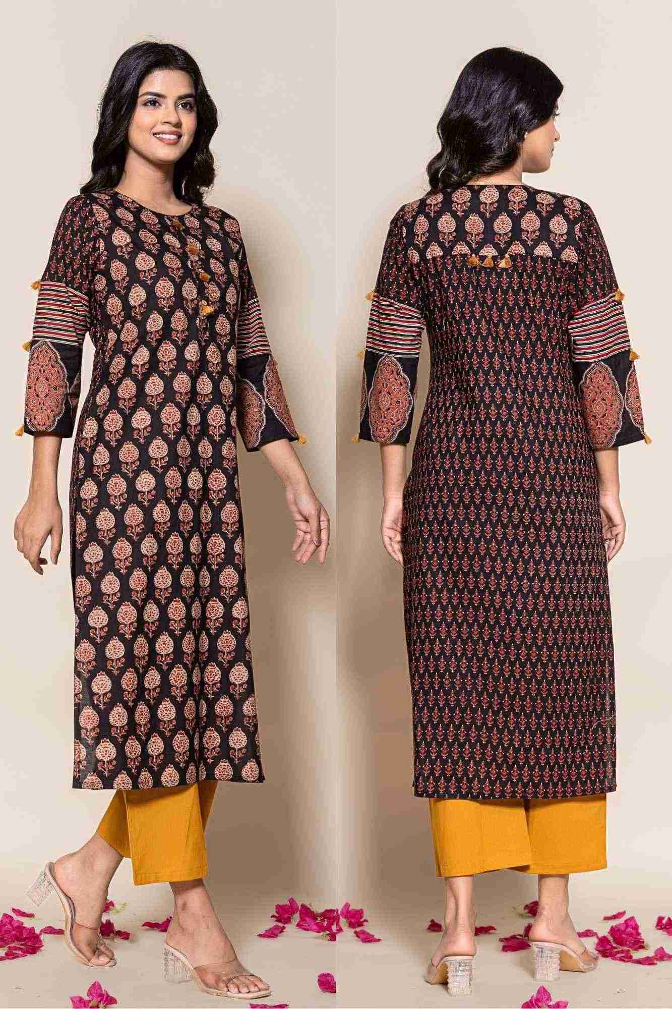 Naksh Black Cotton Straight Printed Kurta and Yellow Pants