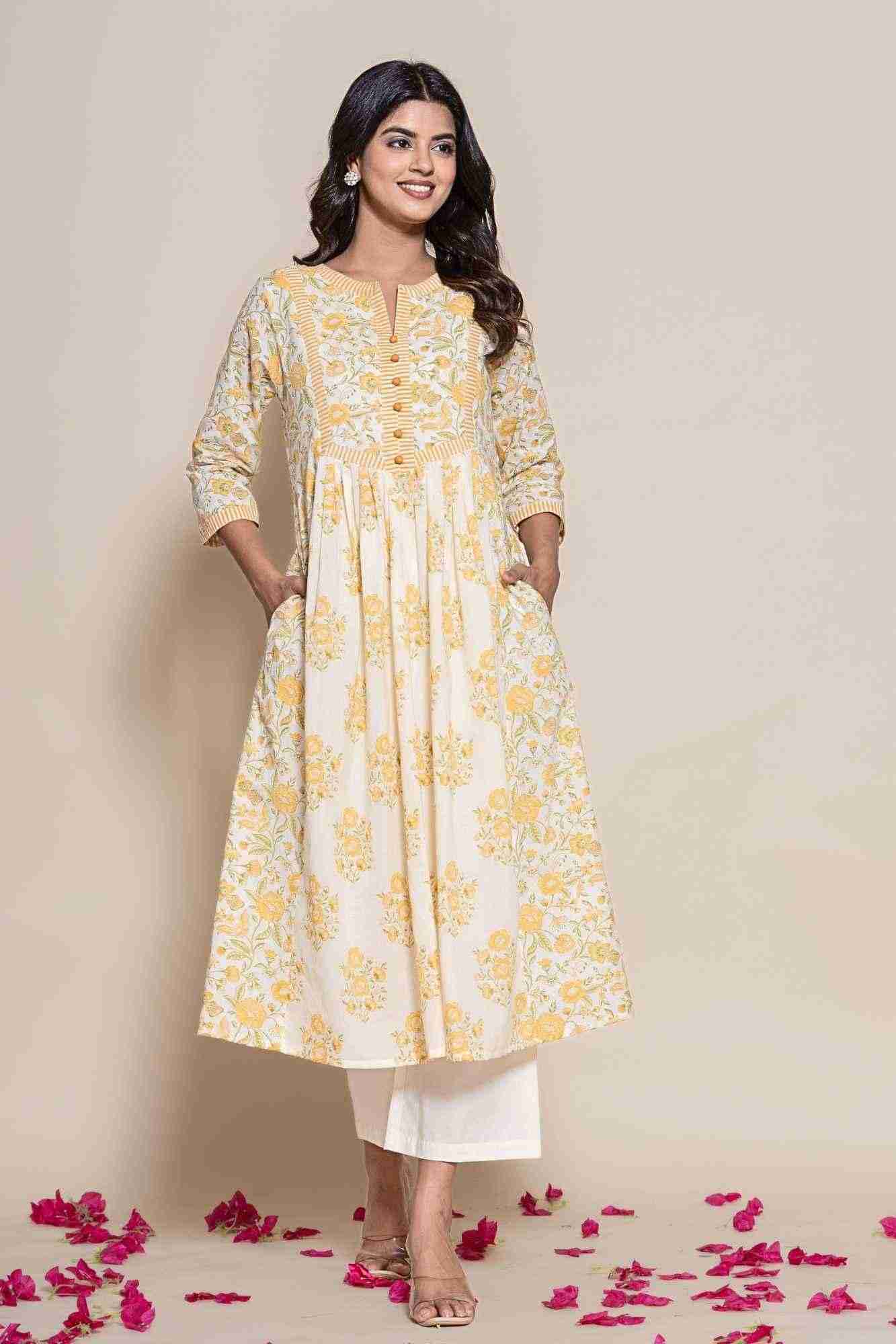 Naksh Off-White Double Printed A-Line Gathered Kurta