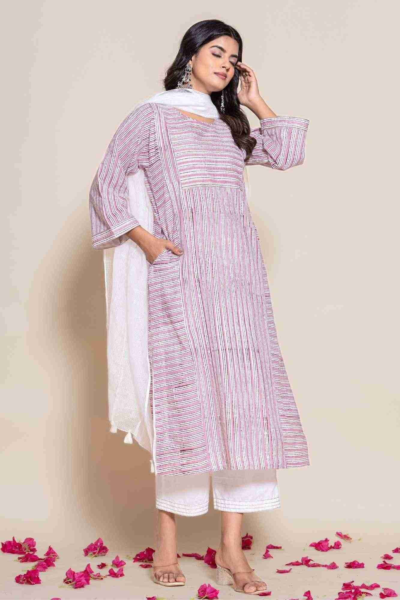 Naksh Cotton Onion Pink Kurta,Pants and Dupatta