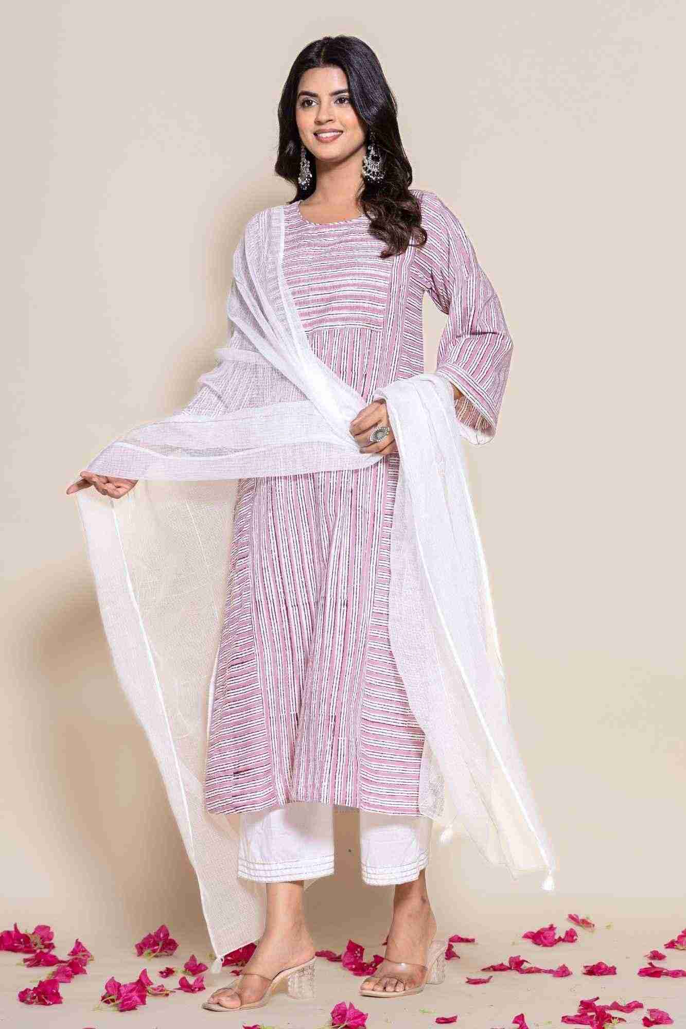 Naksh Cotton Onion Pink Kurta,Pants and Dupatta