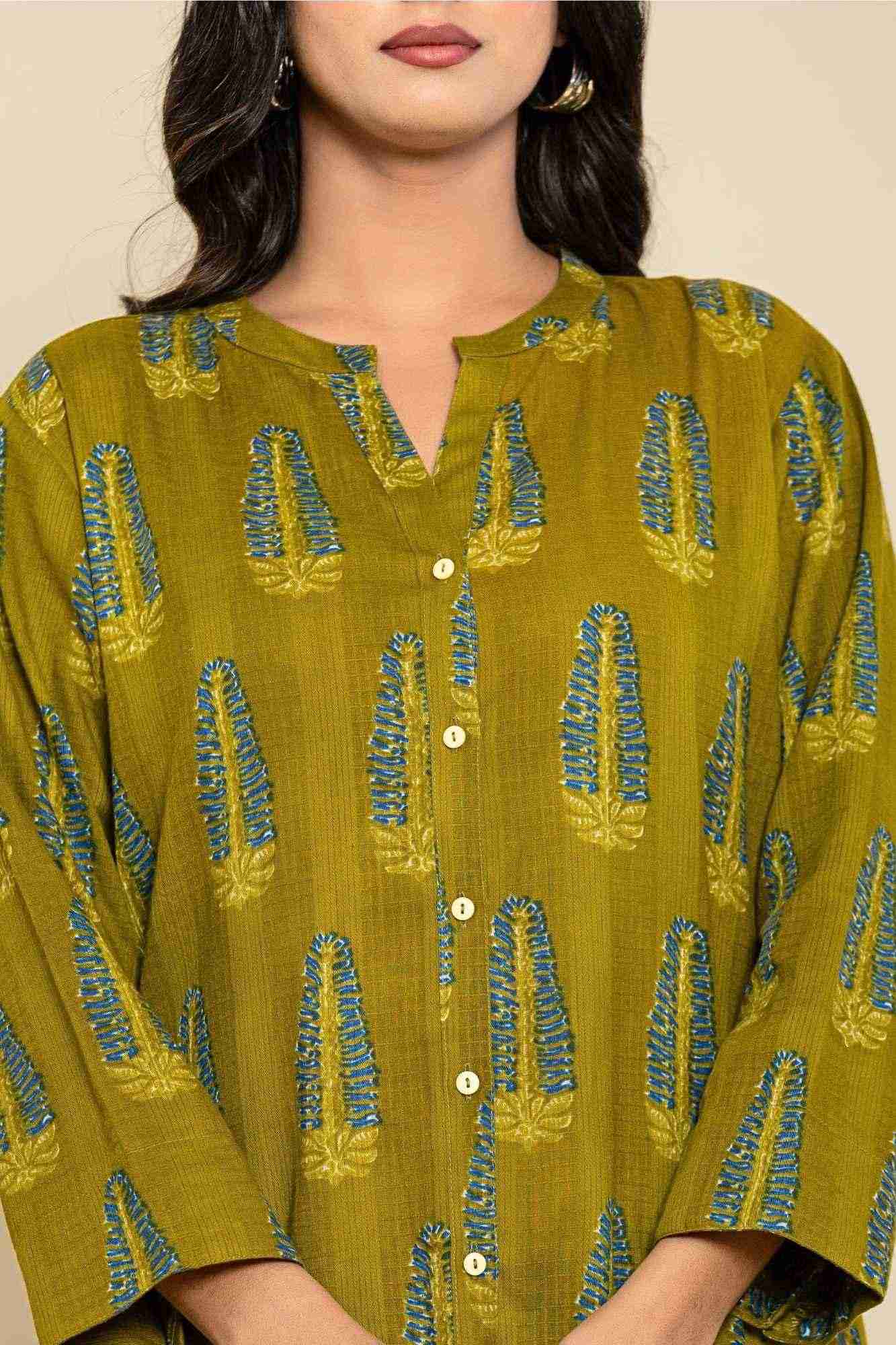 Green Blue Shirt Style Kurta-Dress