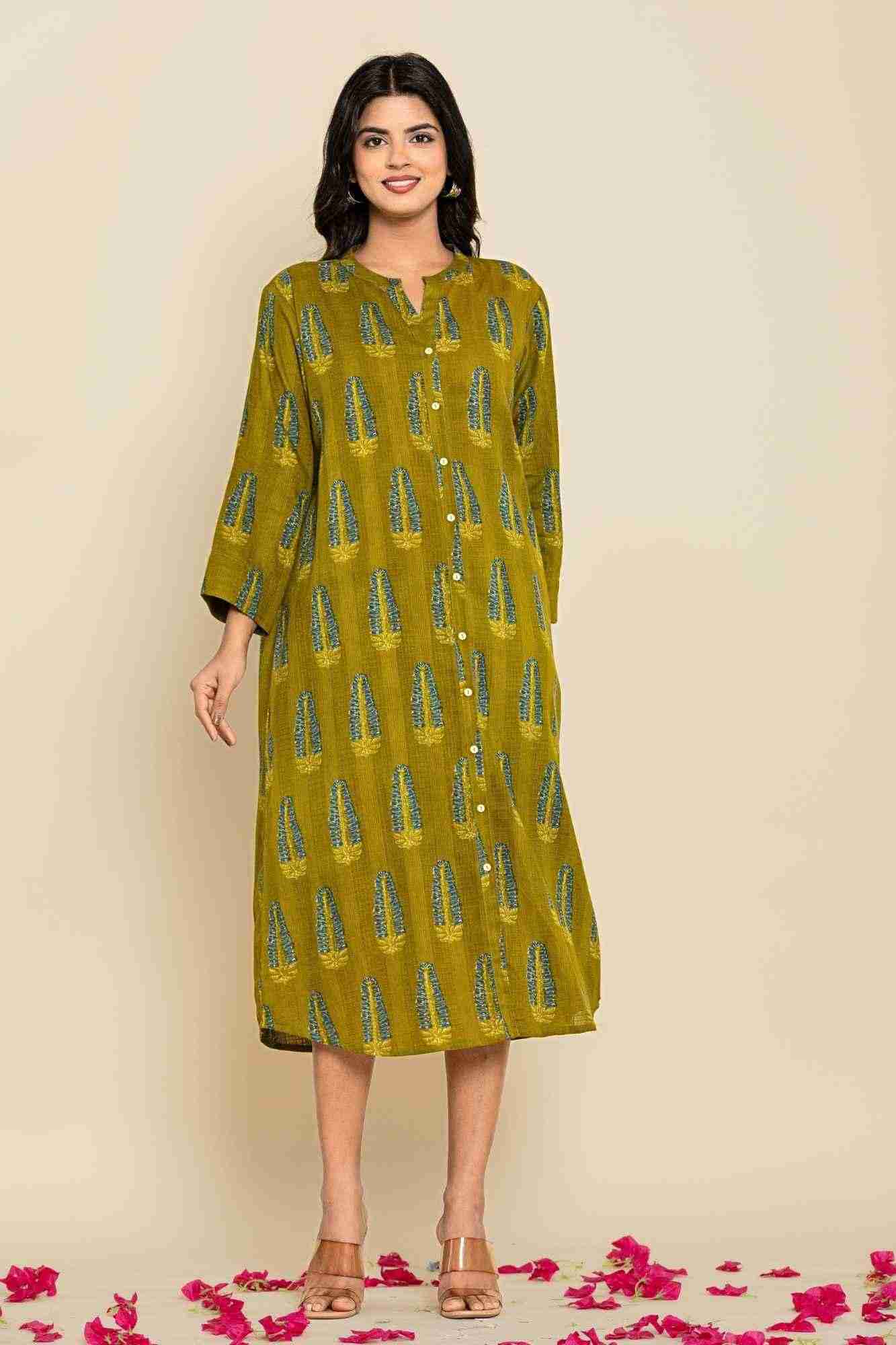 Green Blue Shirt Style Kurta-Dress