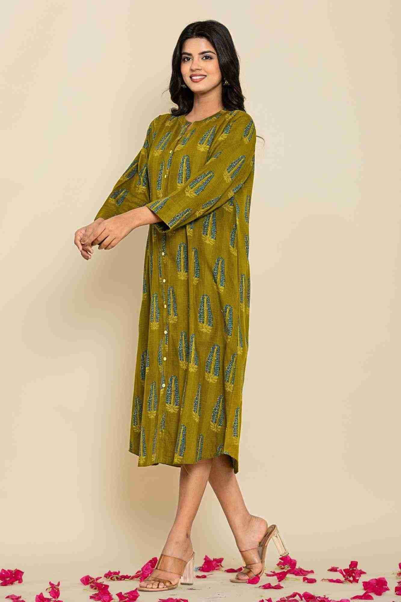 Green Blue Shirt Style Kurta-Dress