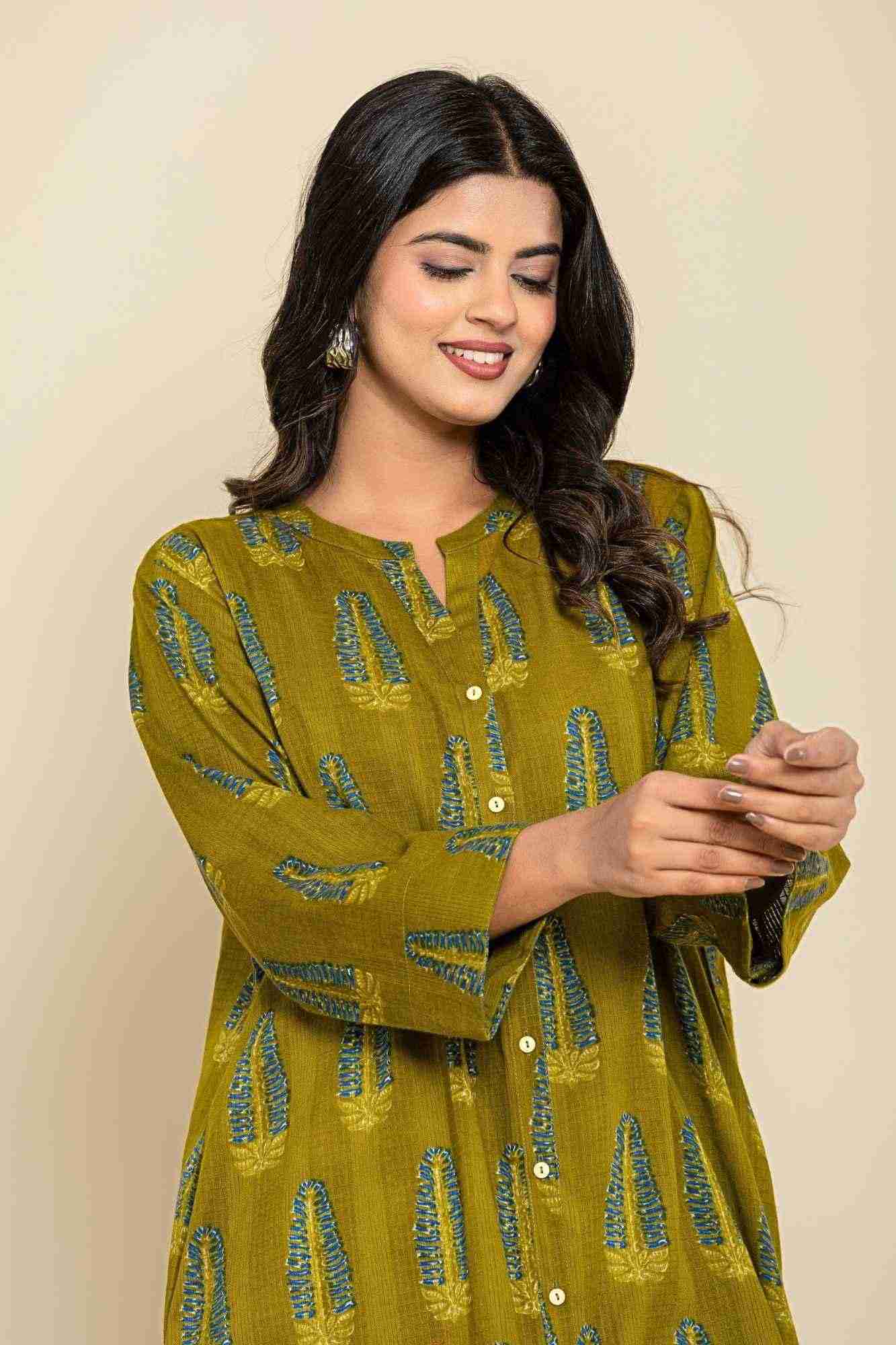 Green Blue Shirt Style Kurta-Dress