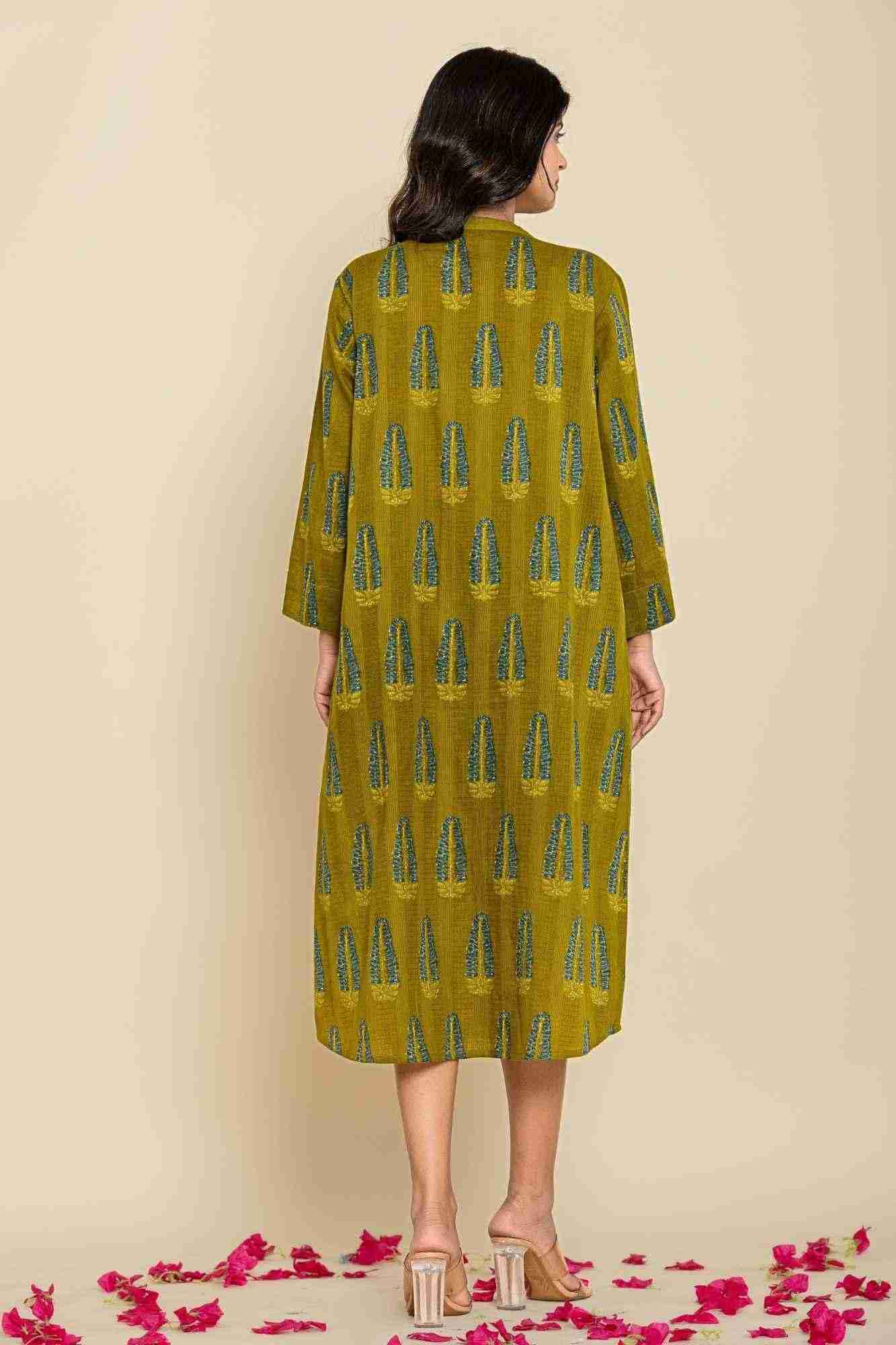 Green Blue Shirt Style Kurta-Dress