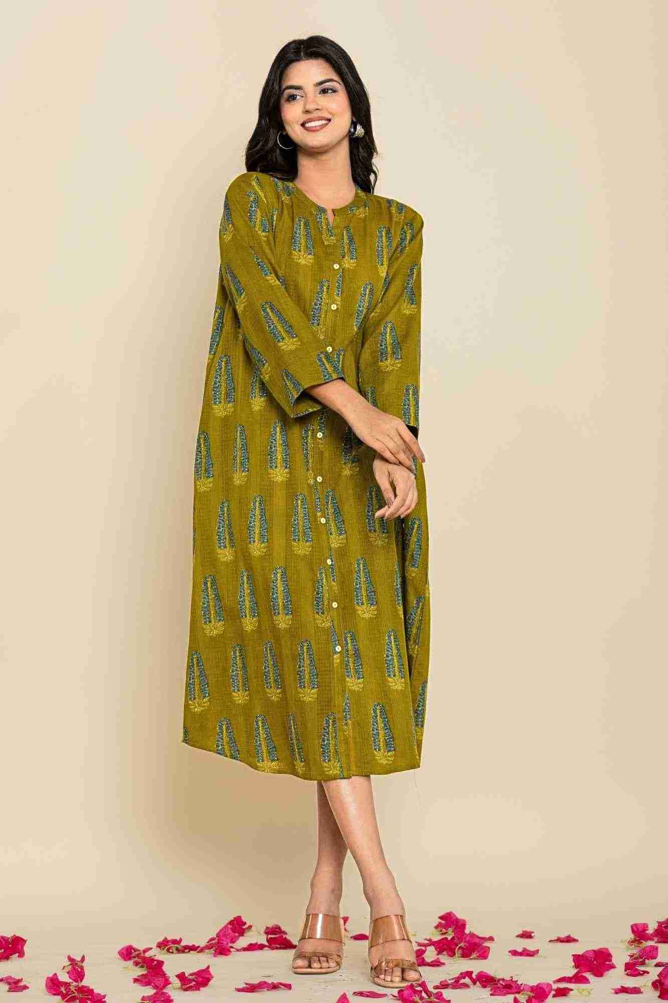 Green Blue Shirt Style Kurta-Dress