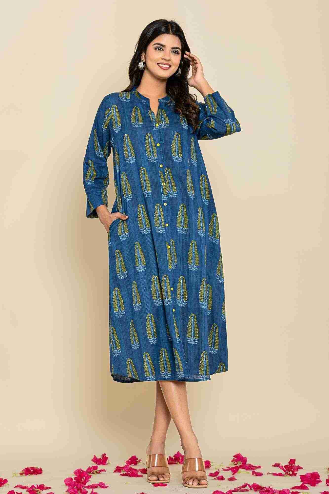 Blue Green Shirt Style Kurta-Dress