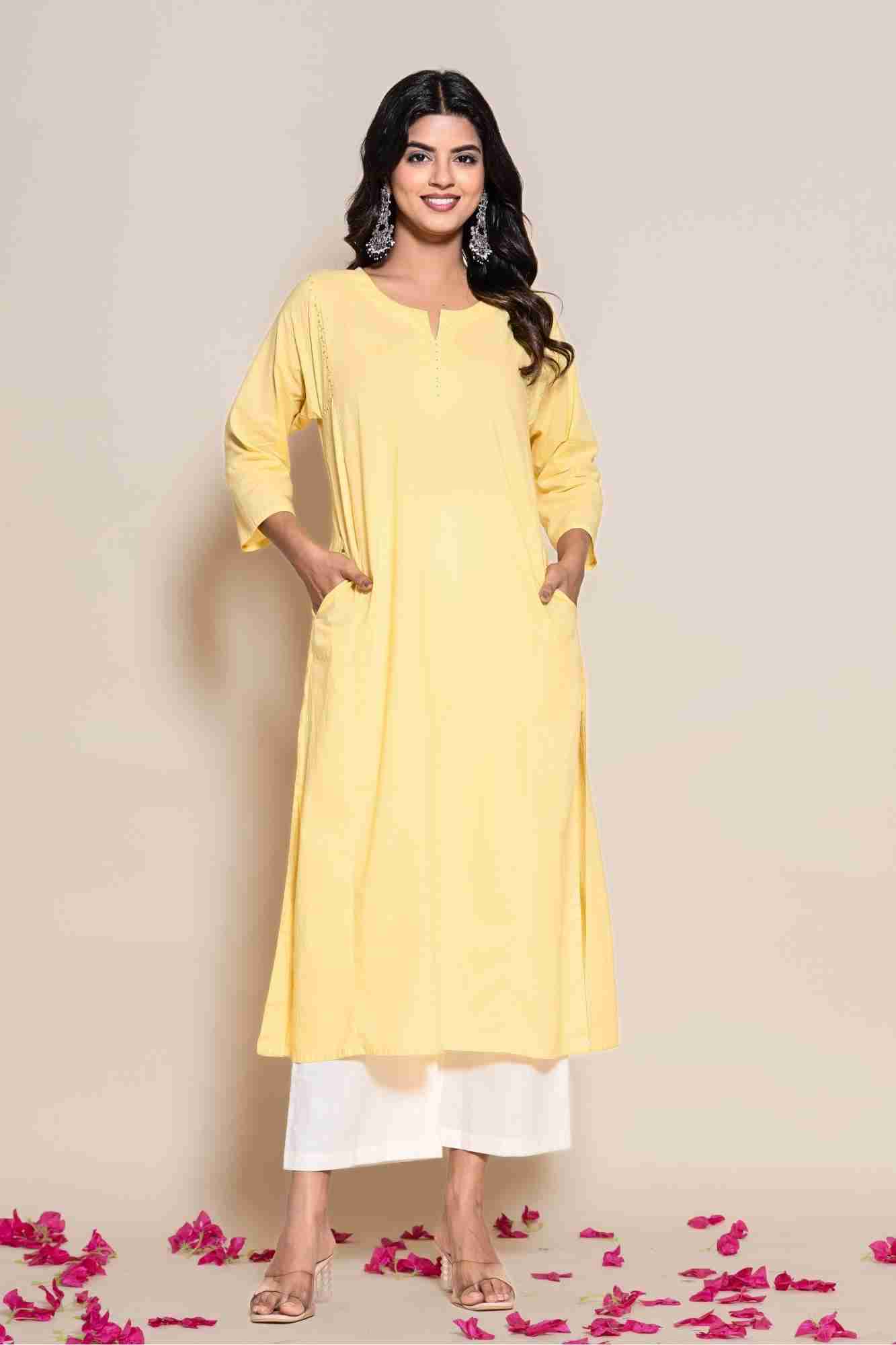 Naksh Yellow Cotton Solid Kurta And Printed Dupatta
