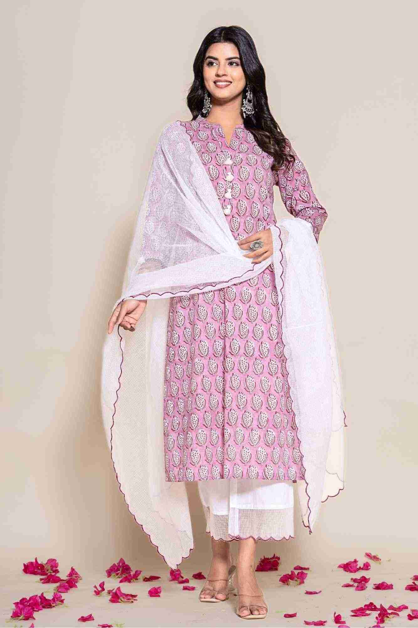 Naksh Cotton Onion Pink Cotton Kurta,Pants and Dupatta