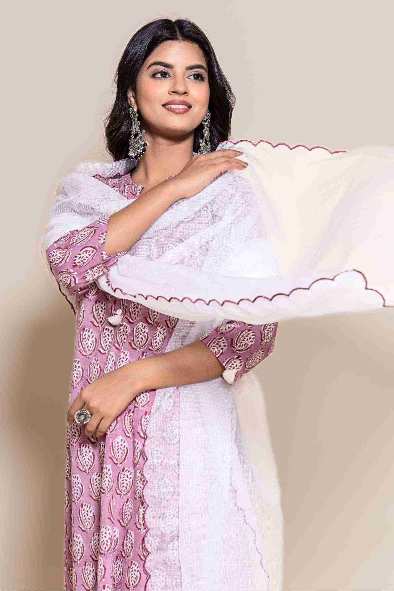 Naksh Cotton Onion Pink Cotton Kurta,Pants and Dupatta