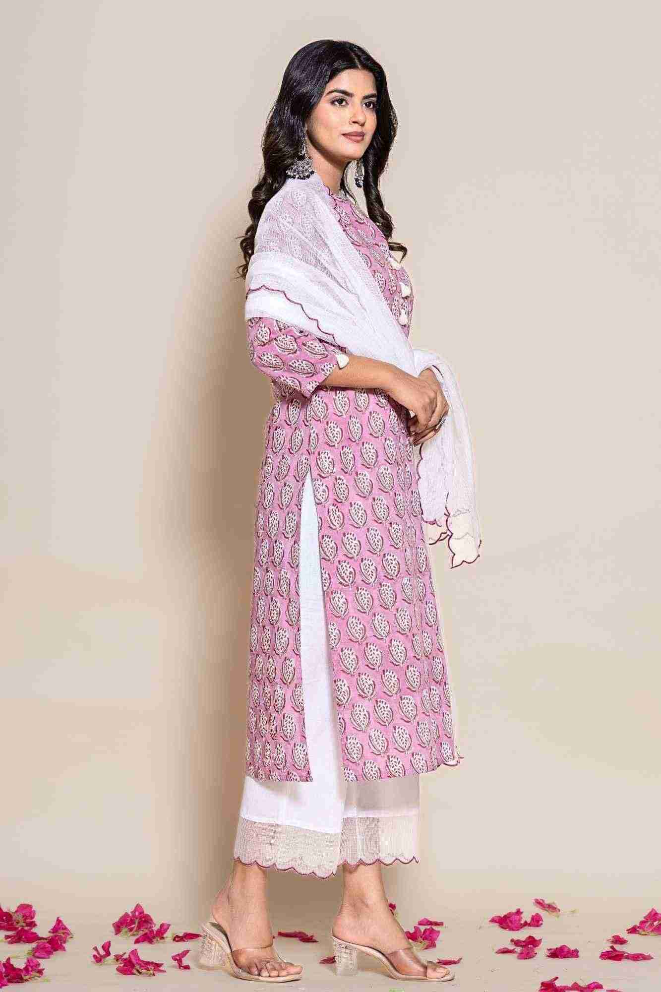 Naksh Cotton Onion Pink Cotton Kurta,Pants and Dupatta