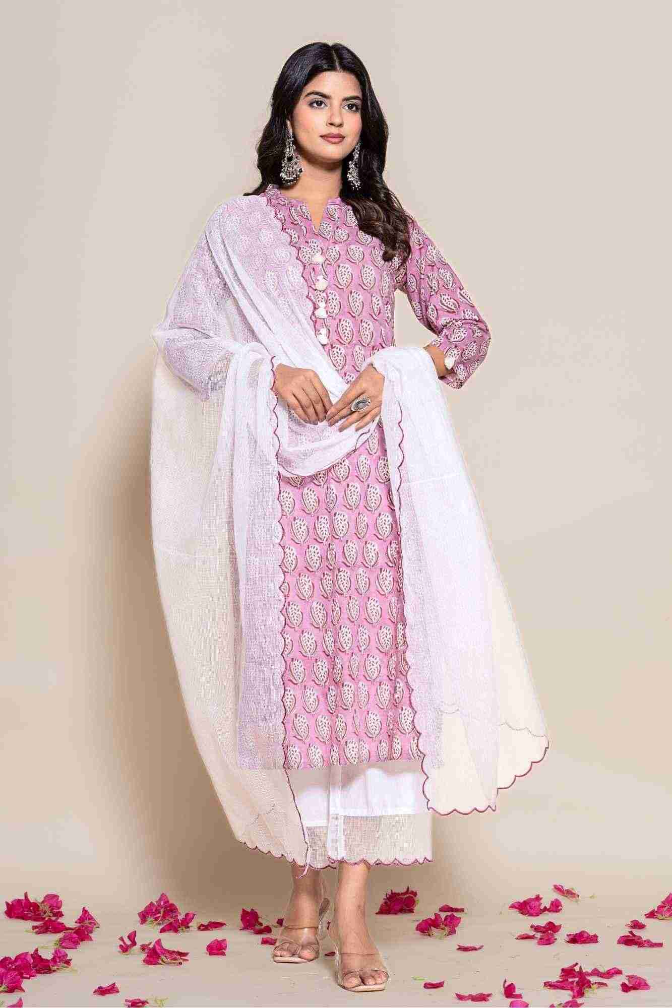 Naksh Cotton Onion Pink Cotton Kurta,Pants and Dupatta
