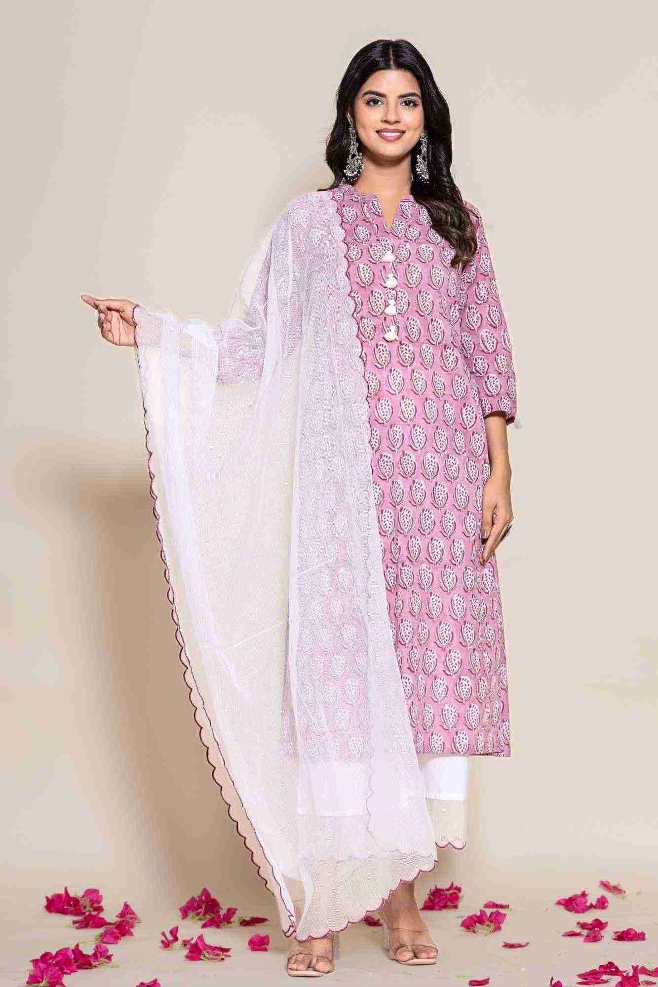 Naksh Cotton Onion Pink Cotton Kurta,Pants and Dupatta