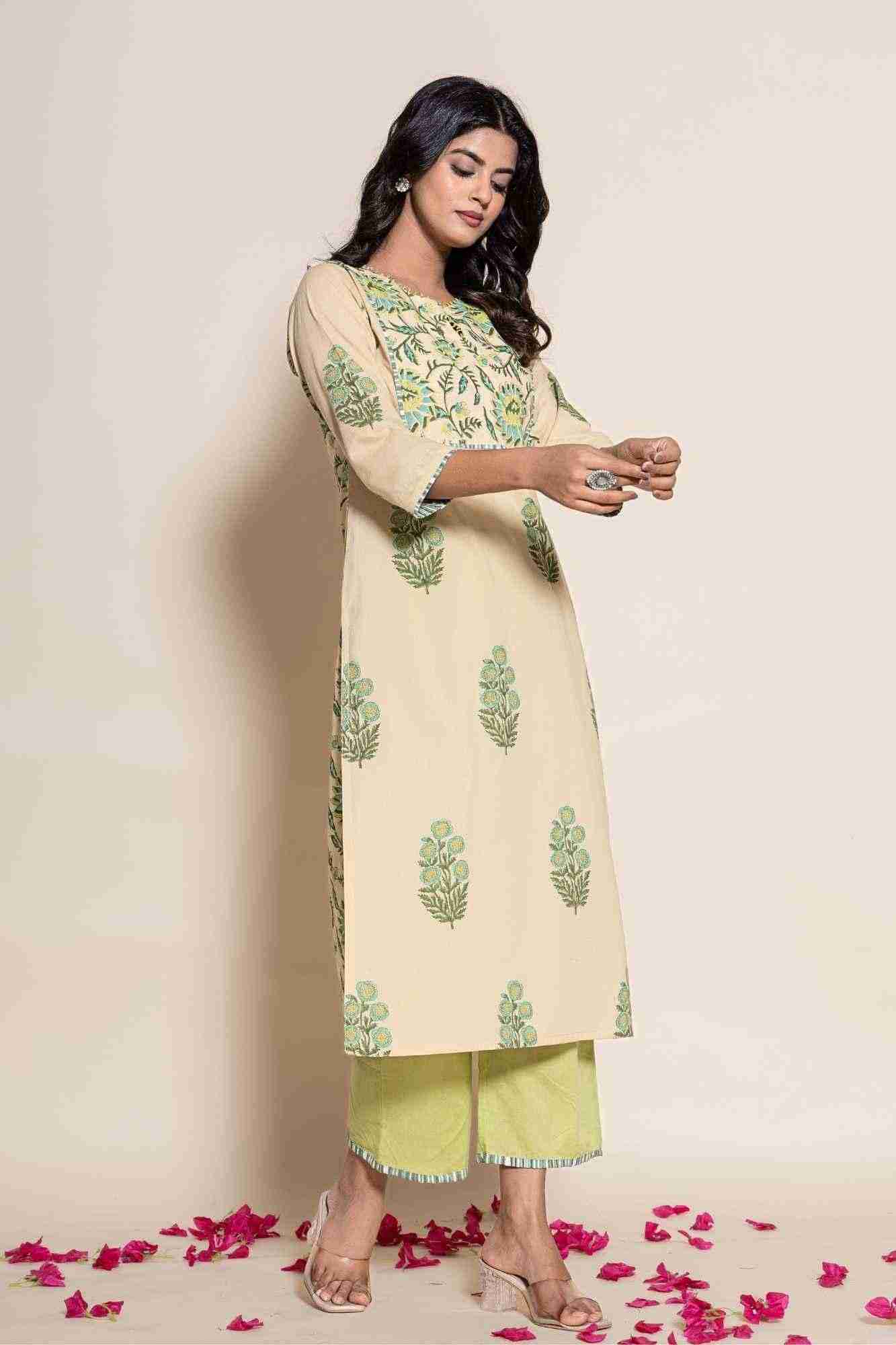 Naksh Beige Cotton Dual Print Straight Kurta And Pants