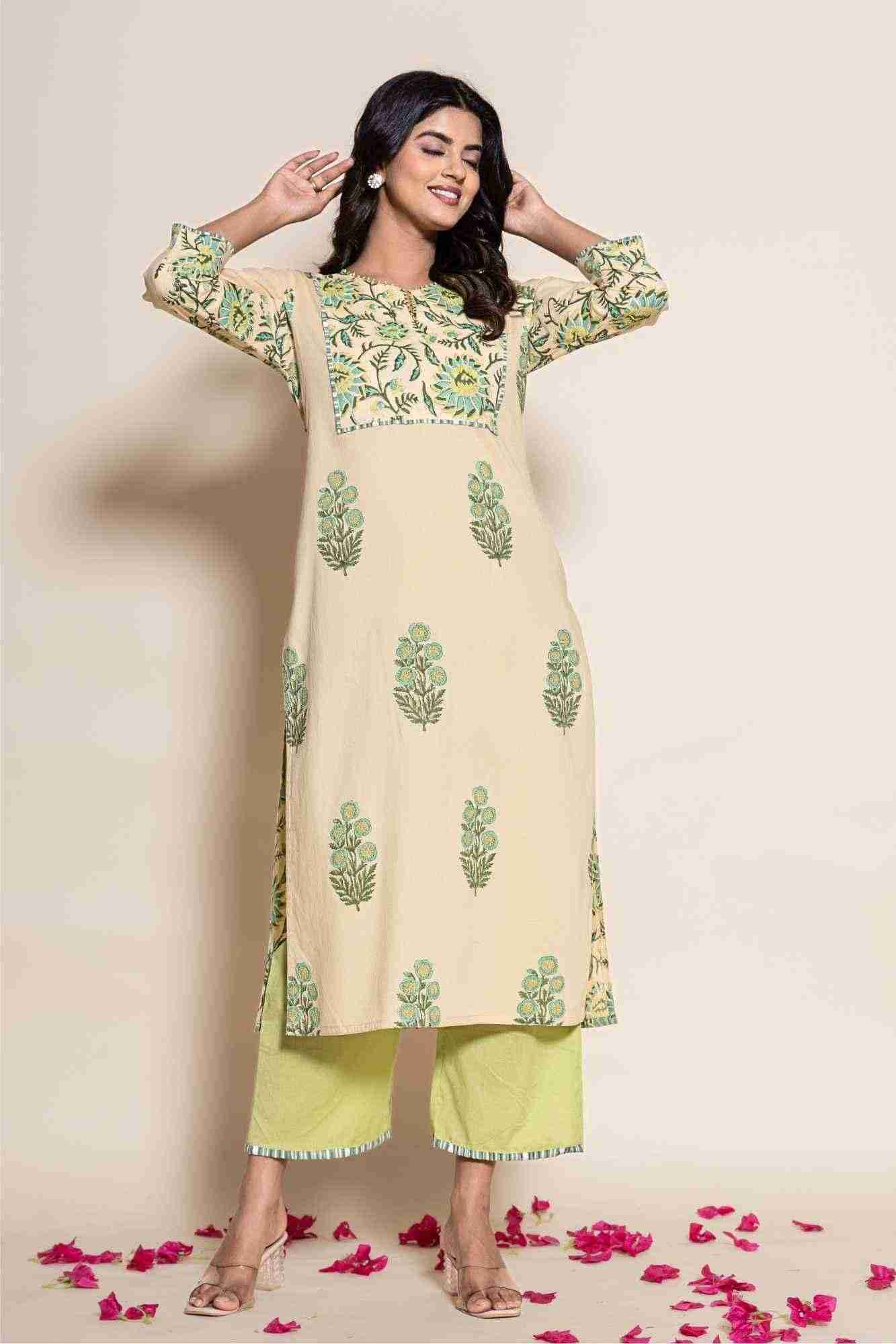 Naksh Beige Cotton Dual Print Straight Kurta And Pants