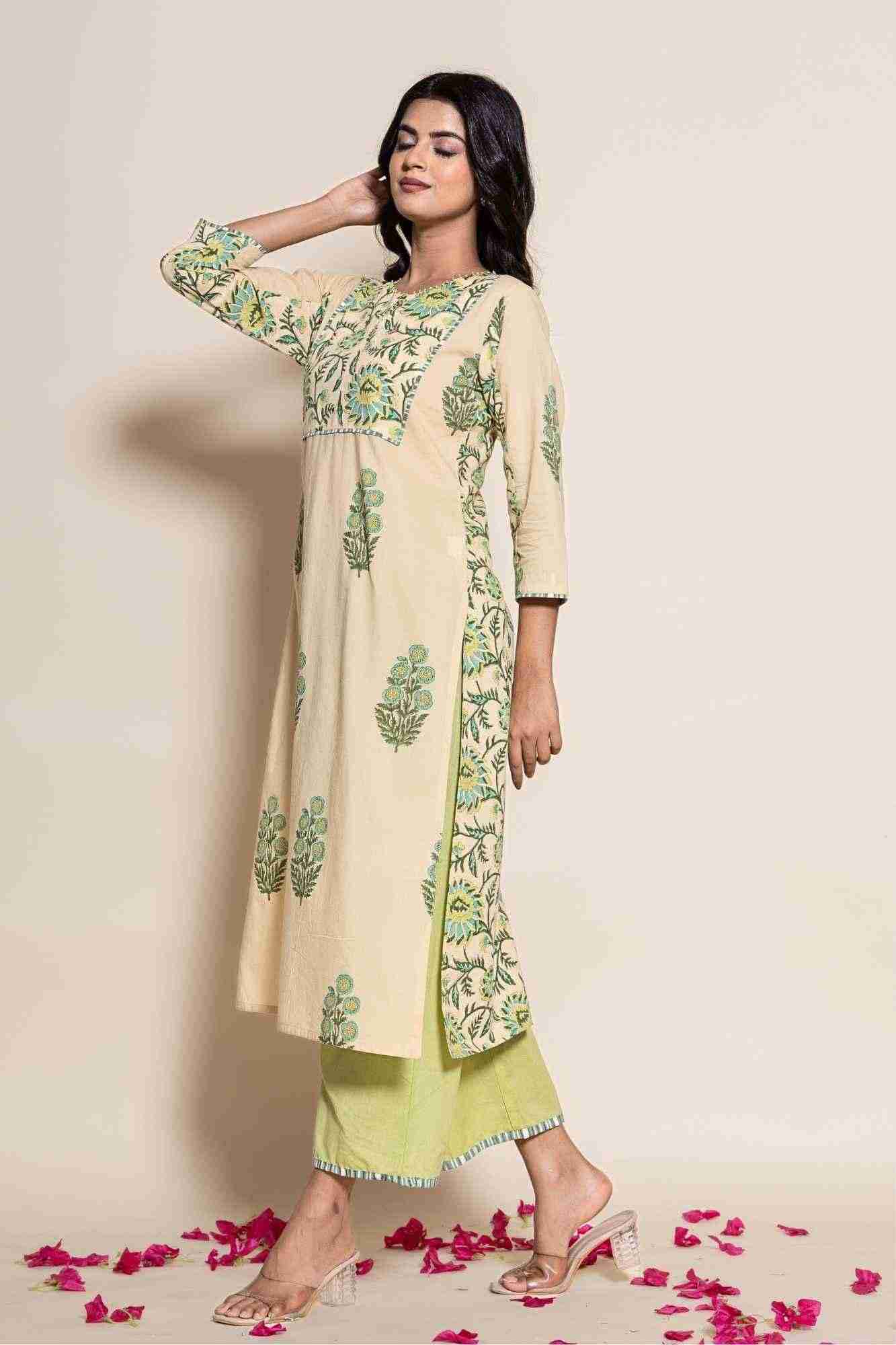 Naksh Beige Cotton Dual Print Straight Kurta And Pants
