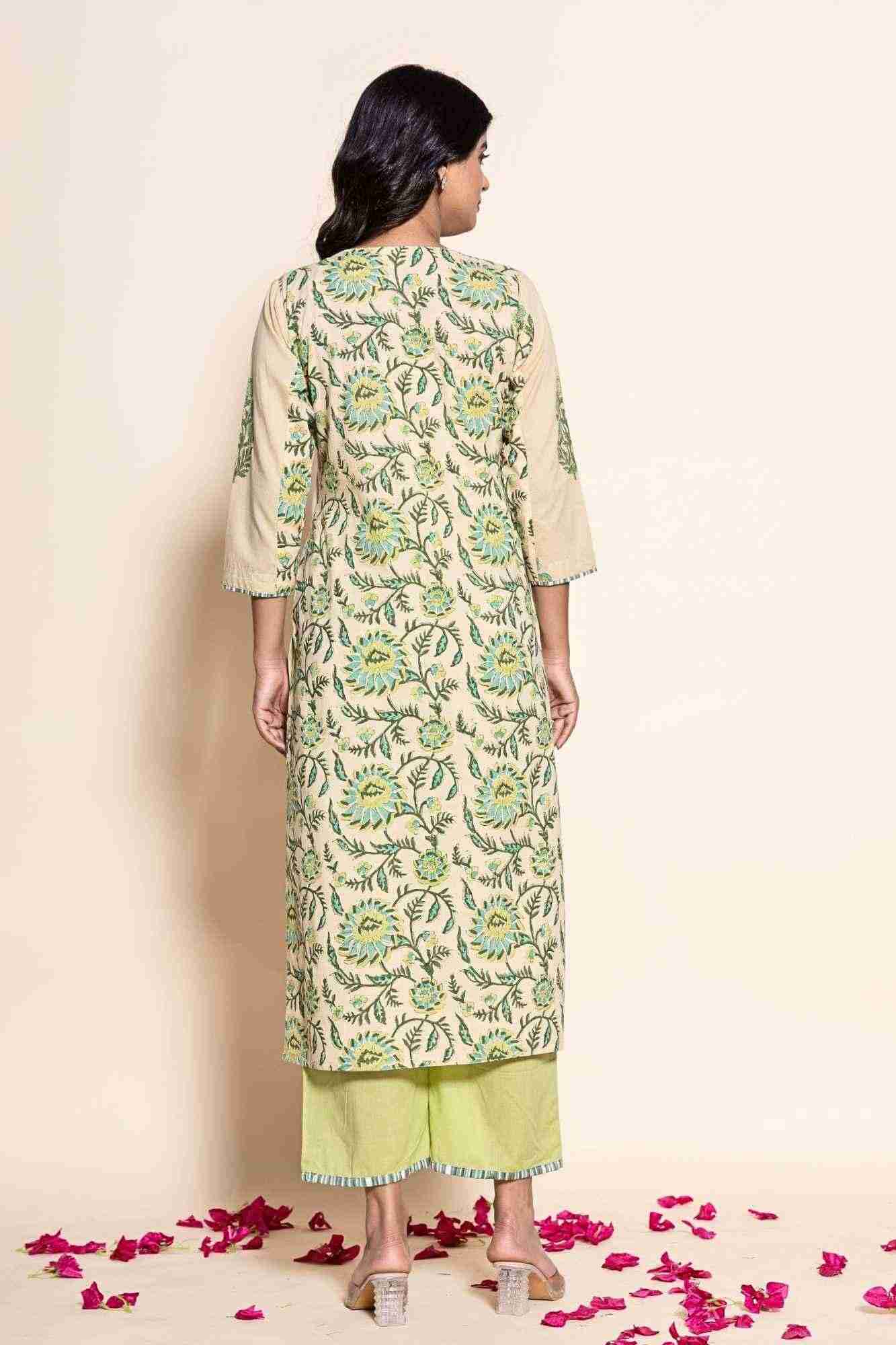 Naksh Beige Cotton Dual Print Straight Kurta And Pants