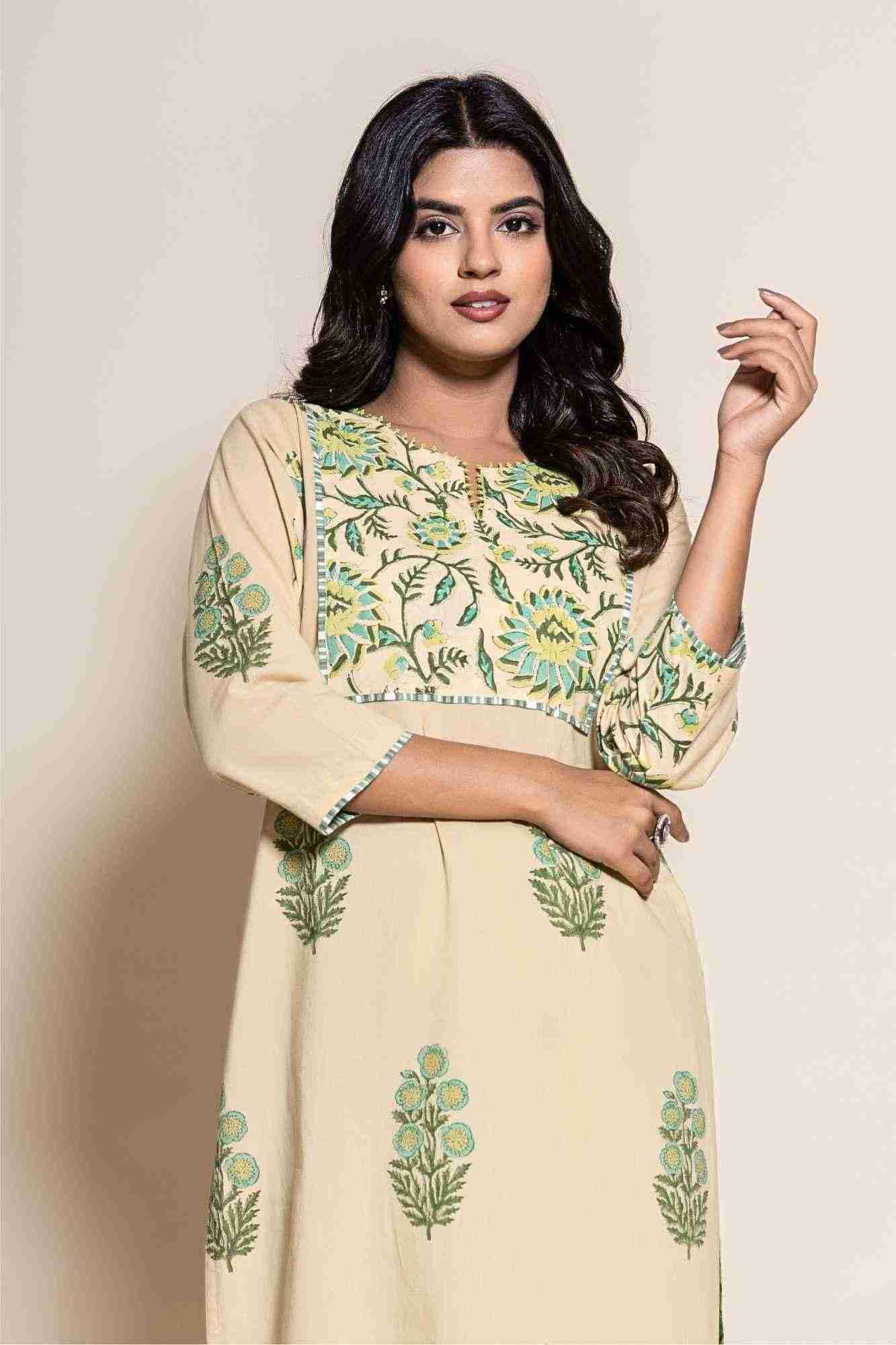 Naksh Beige Cotton Dual Print Straight Kurta And Pants