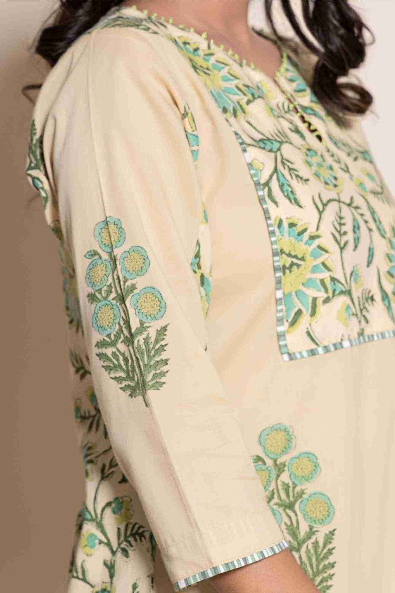 Naksh Beige Cotton Dual Print Straight Kurta And Pants