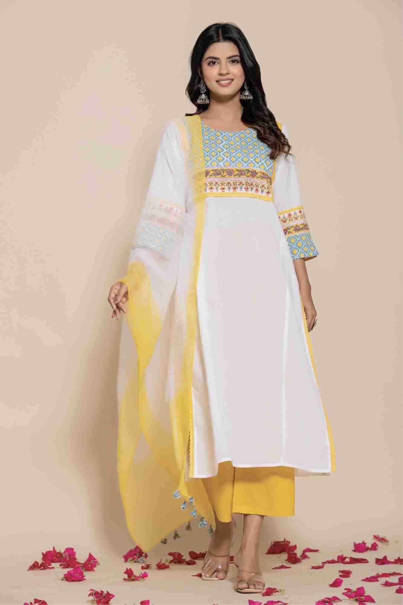 Naksh White Cotton Kurta Pants And Shaded Dupatta